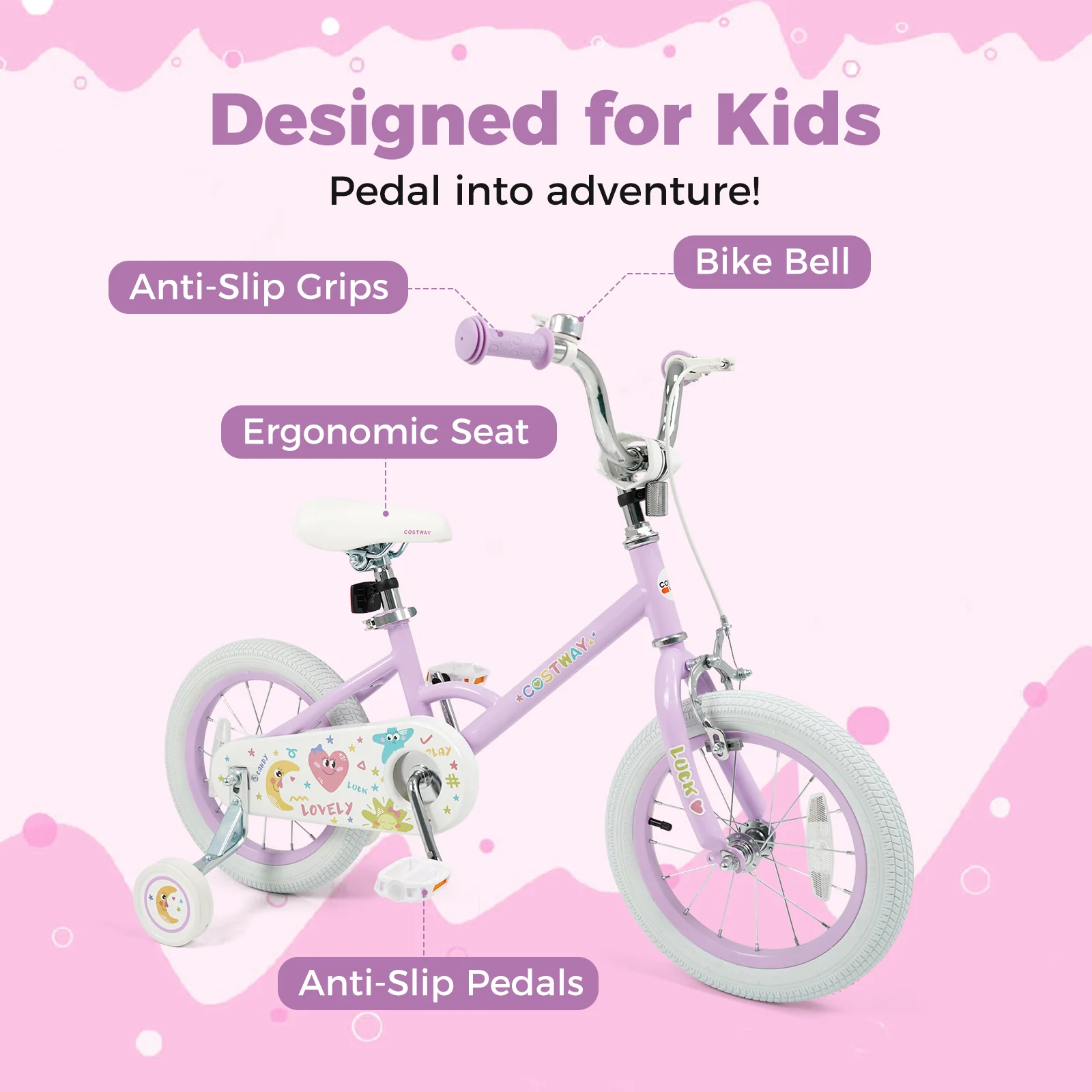 14 Inch Kids Bike Adjustable for 3-8 Years Old Children Purple - Stars & Moon, Purple - Image 6
