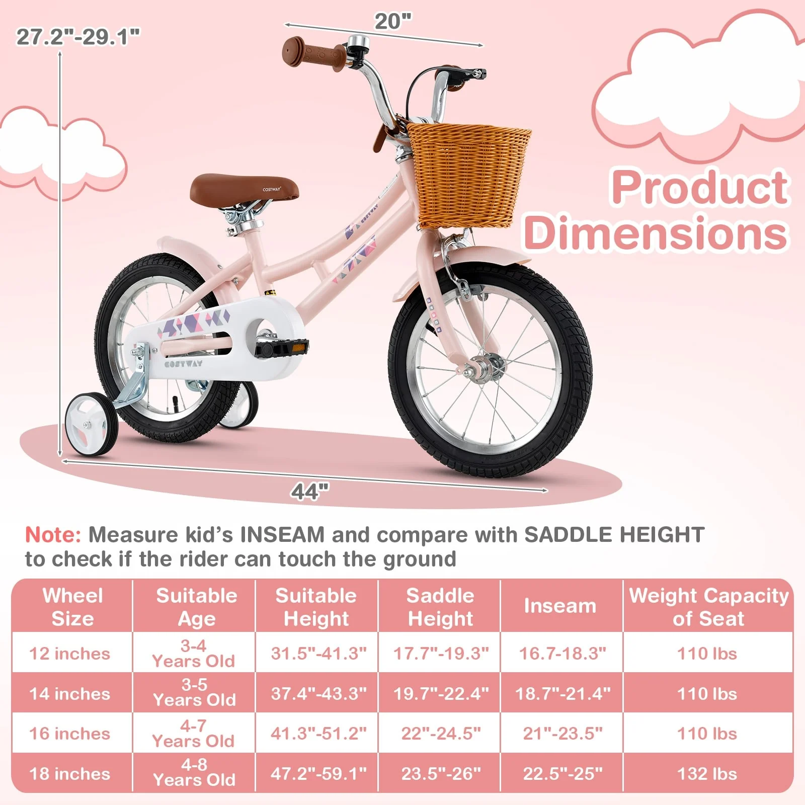 14 Inch Kids Bike, Adjustable Height, Basket, Ages 3-5, Pink - Image 4