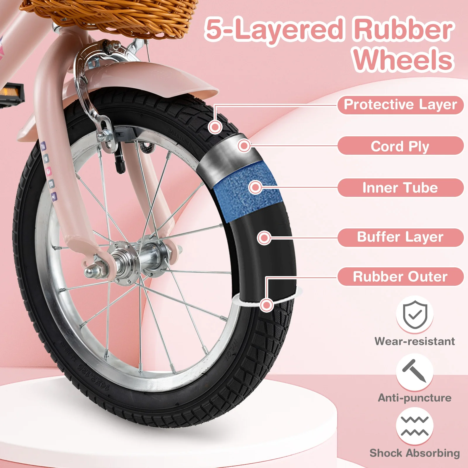 14 Inch Kids Bike, Adjustable Height, Basket, Ages 3-5, Pink - Image 5
