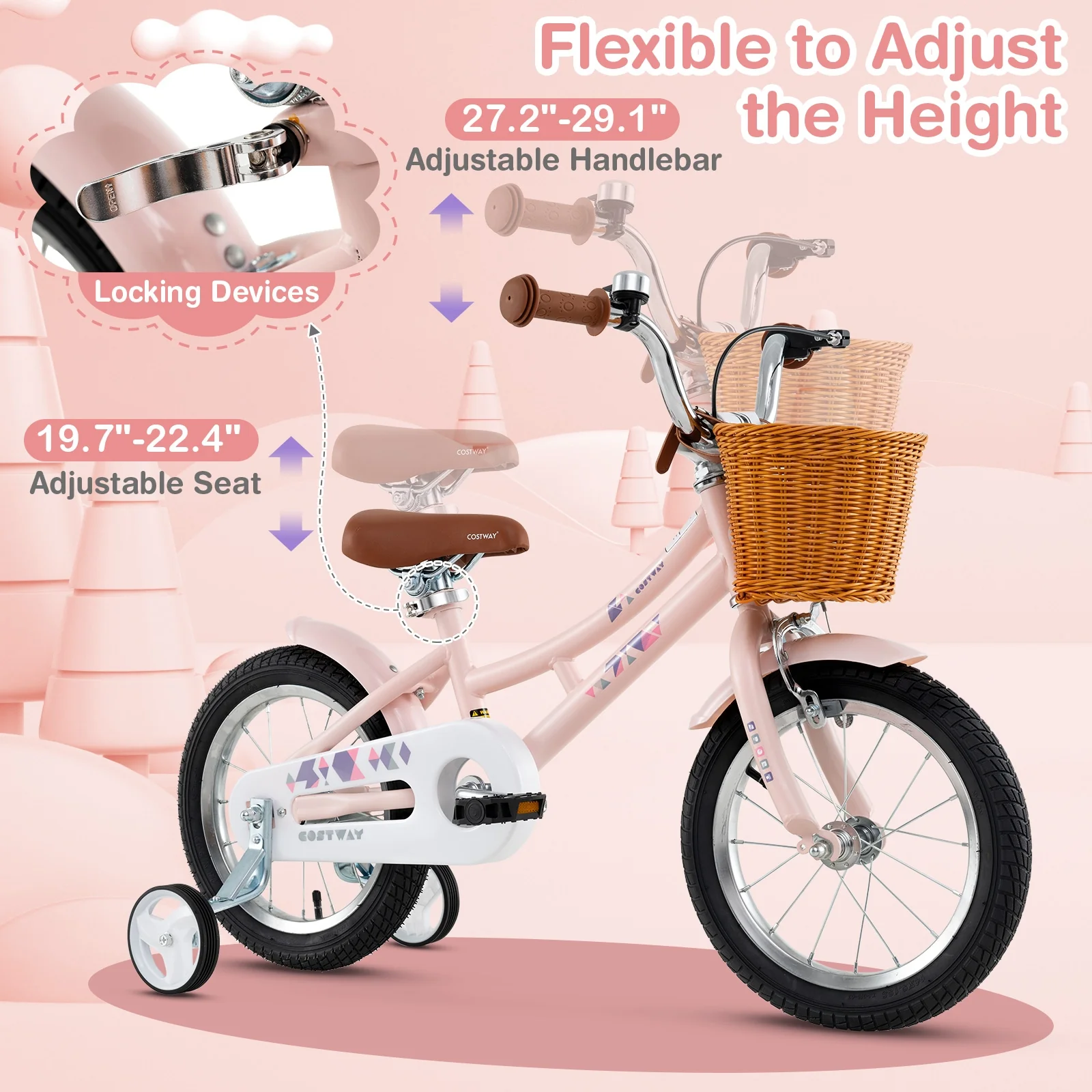 14 Inch Kids Bike, Adjustable Height, Basket, Ages 3-5, Pink - Image 7