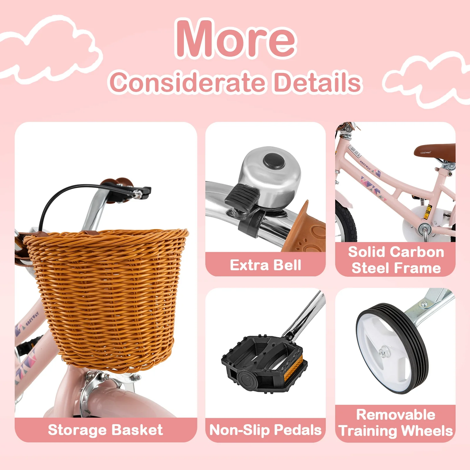 14 Inch Kids Bike, Adjustable Height, Basket, Ages 3-5, Pink - Image 8