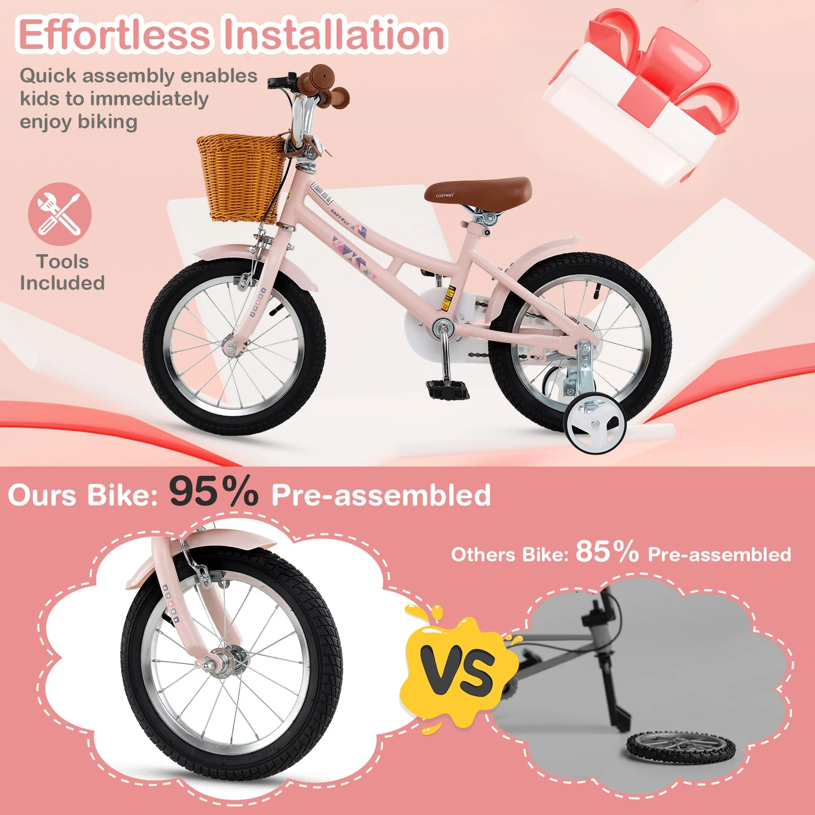 14 Inch Kids Bike, Adjustable Height, Basket, Ages 3-5, Pink - Image 9