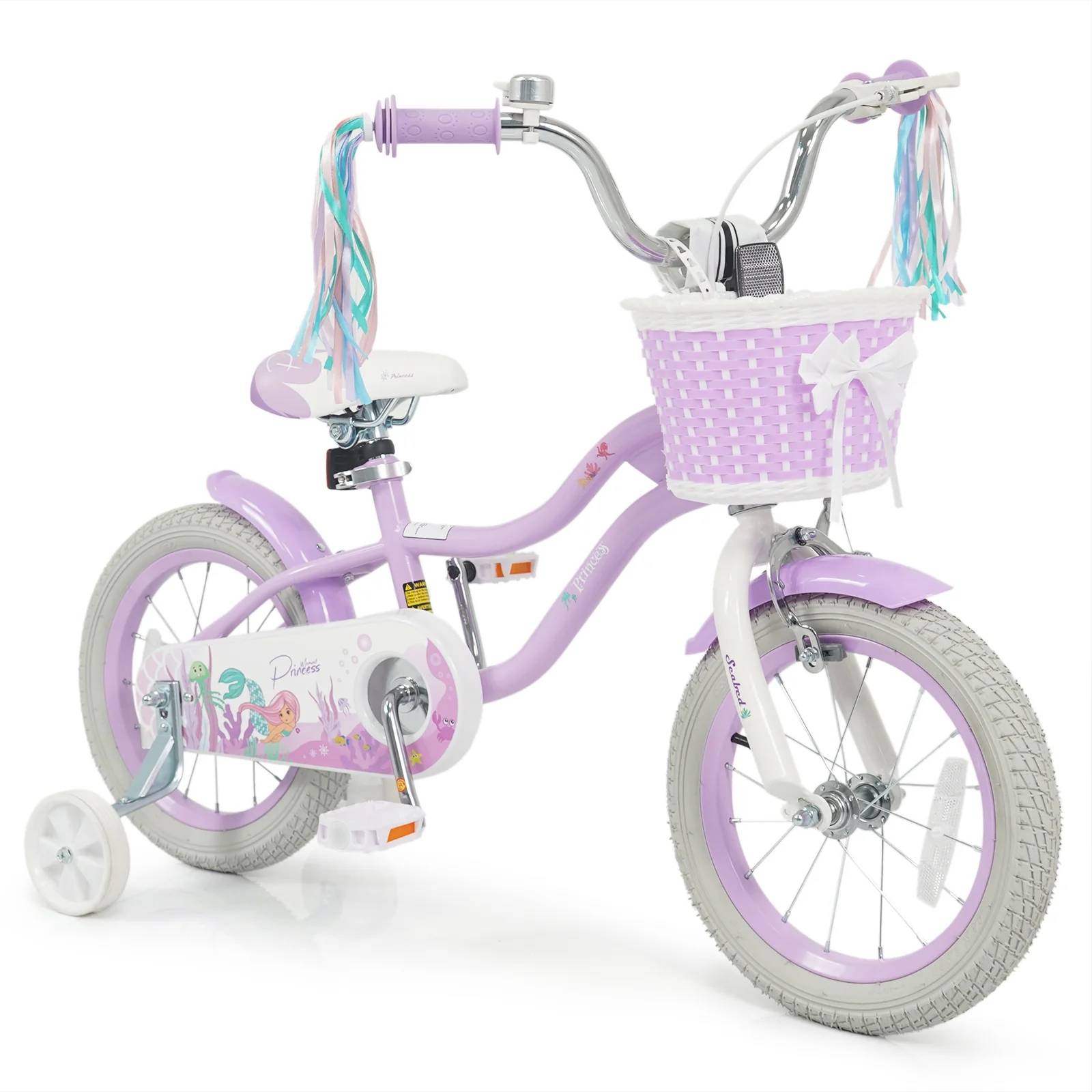 14 Inch Kids Bike, Adjustable, Princess Of The Sea Theme, Purple