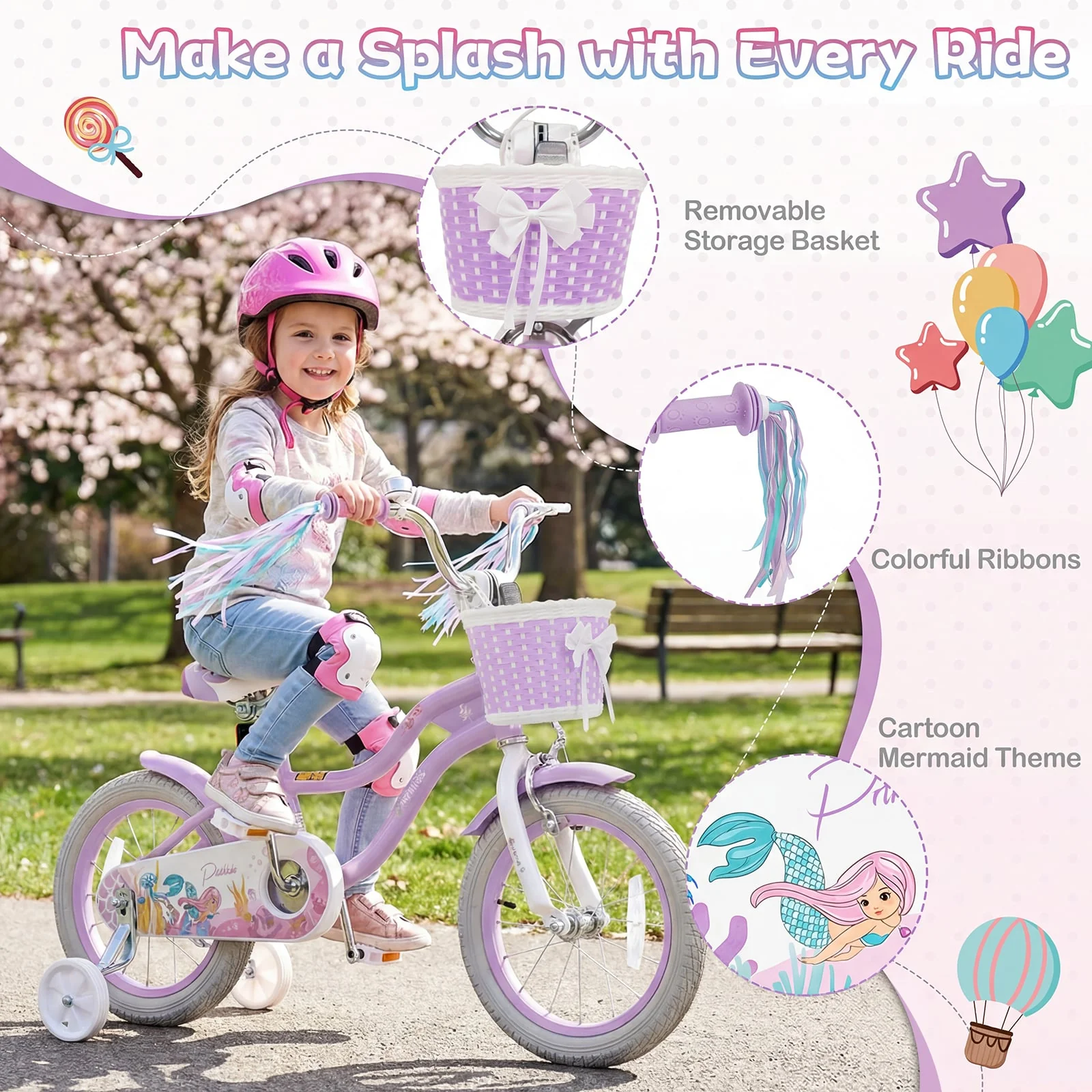 14 Inch Kids Bike, Adjustable, Princess Of The Sea Theme, Purple - Image 5