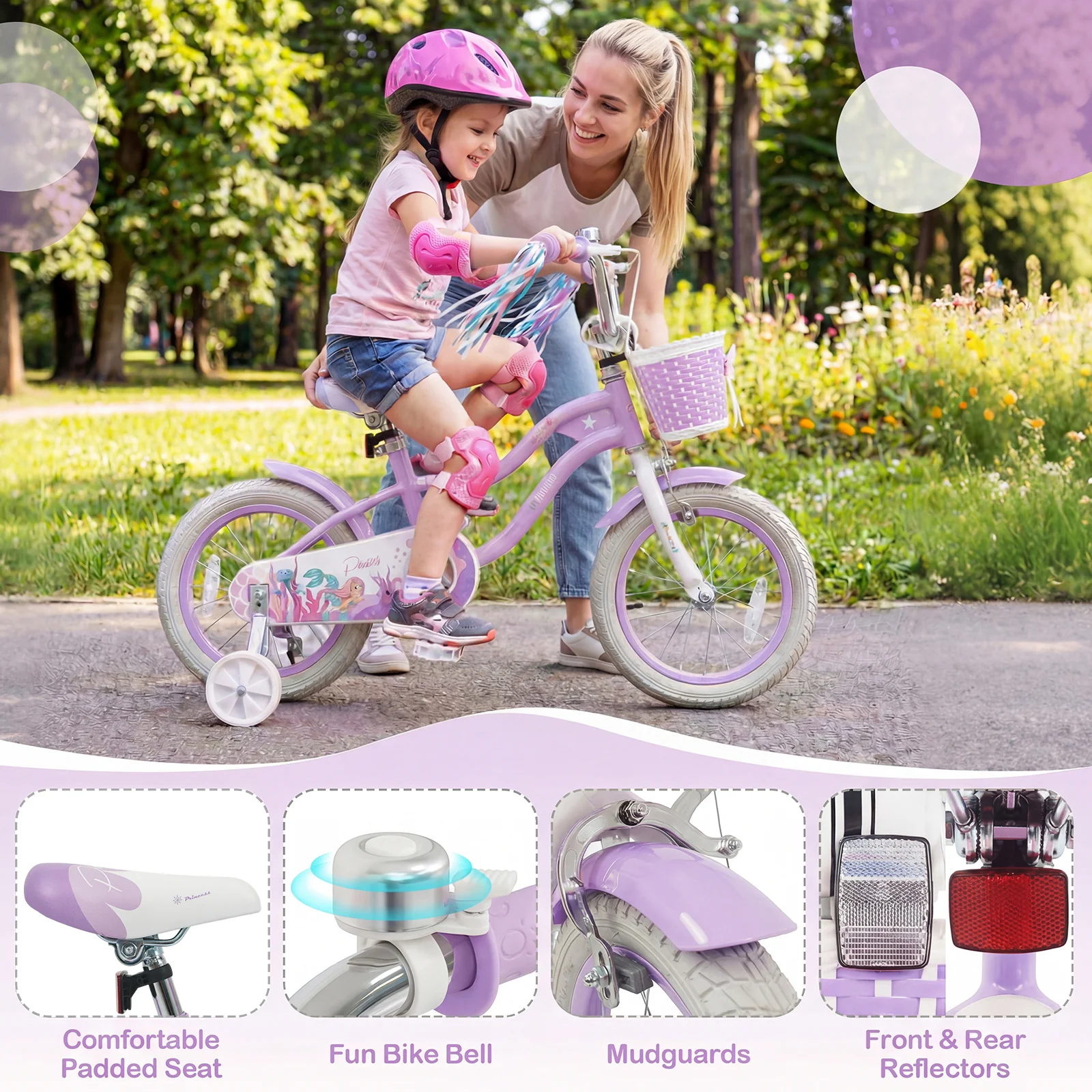 14 Inch Kids Bike, Adjustable, Princess Of The Sea Theme, Purple - Image 9