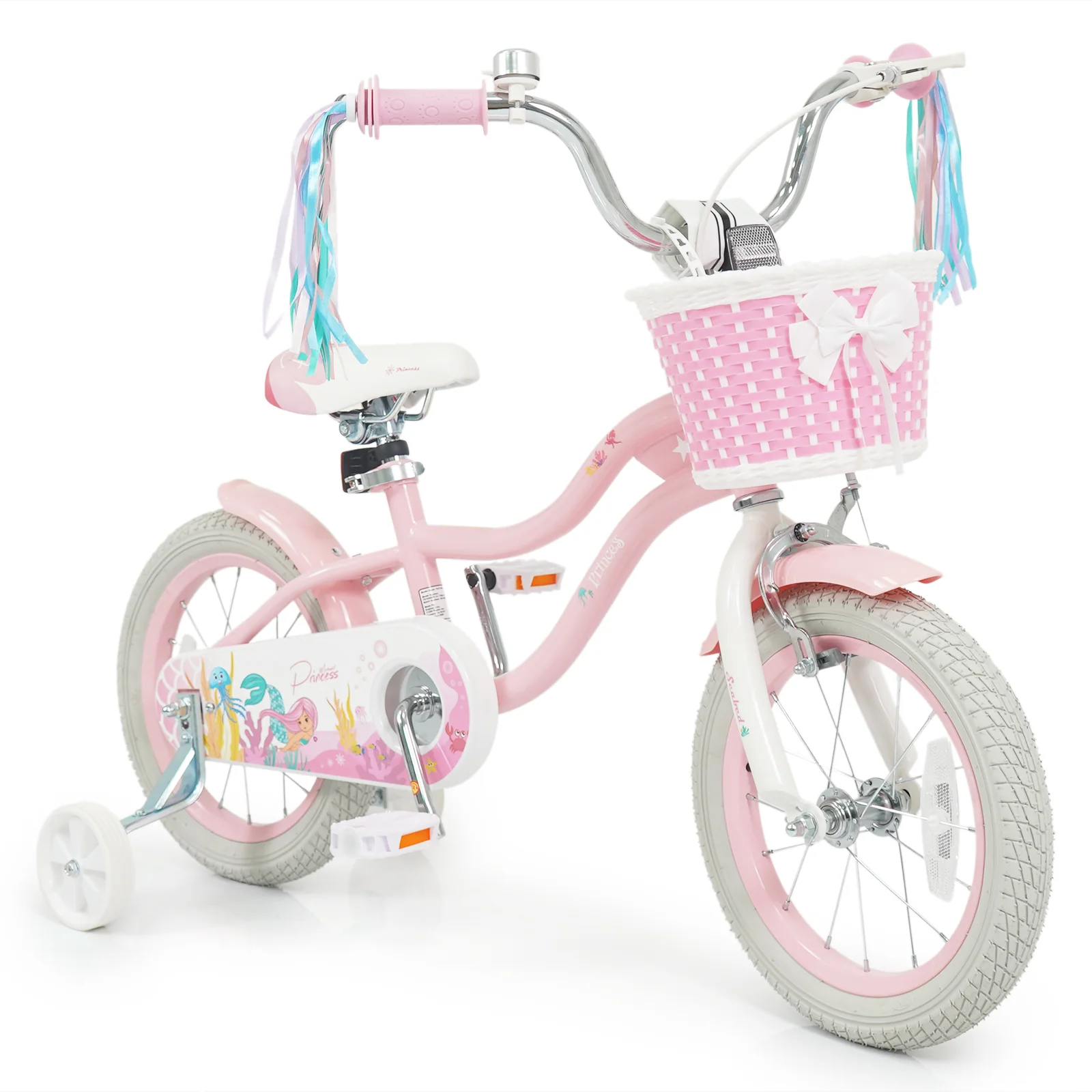 14 Inch Kids Bike Adjustable with Basket and Streamers for Girls Aged 3-5 Years Old Pink, Pink
