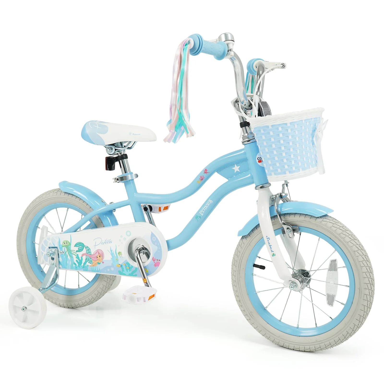 14 Inch Kids Bike, Adjustable With Basket, Princess Of The Sea Theme, Blue