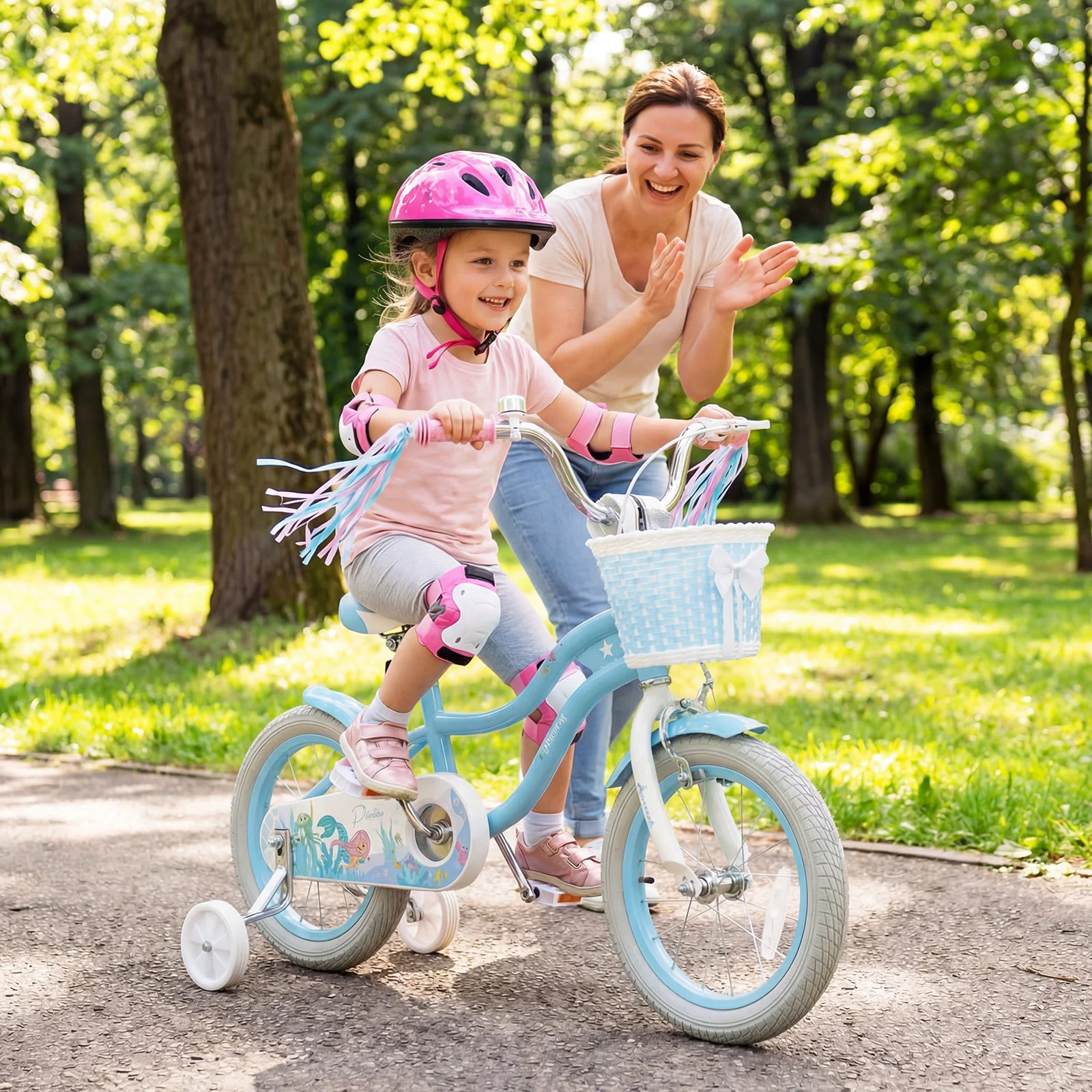 14 Inch Kids Bike, Adjustable With Basket, Princess Of The Sea Theme, Blue - Image 2