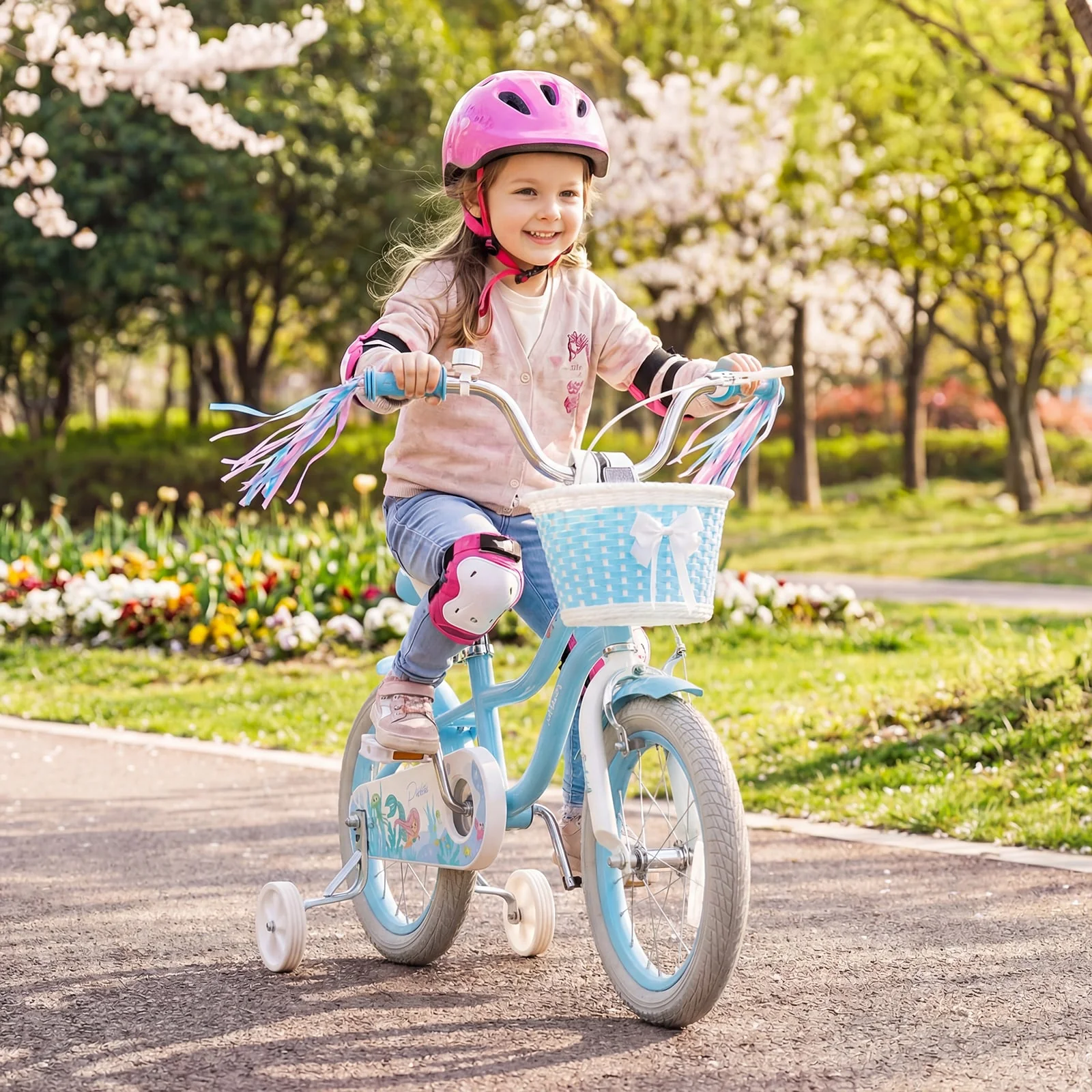 14 Inch Kids Bike, Adjustable With Basket, Princess Of The Sea Theme, Blue - Image 3
