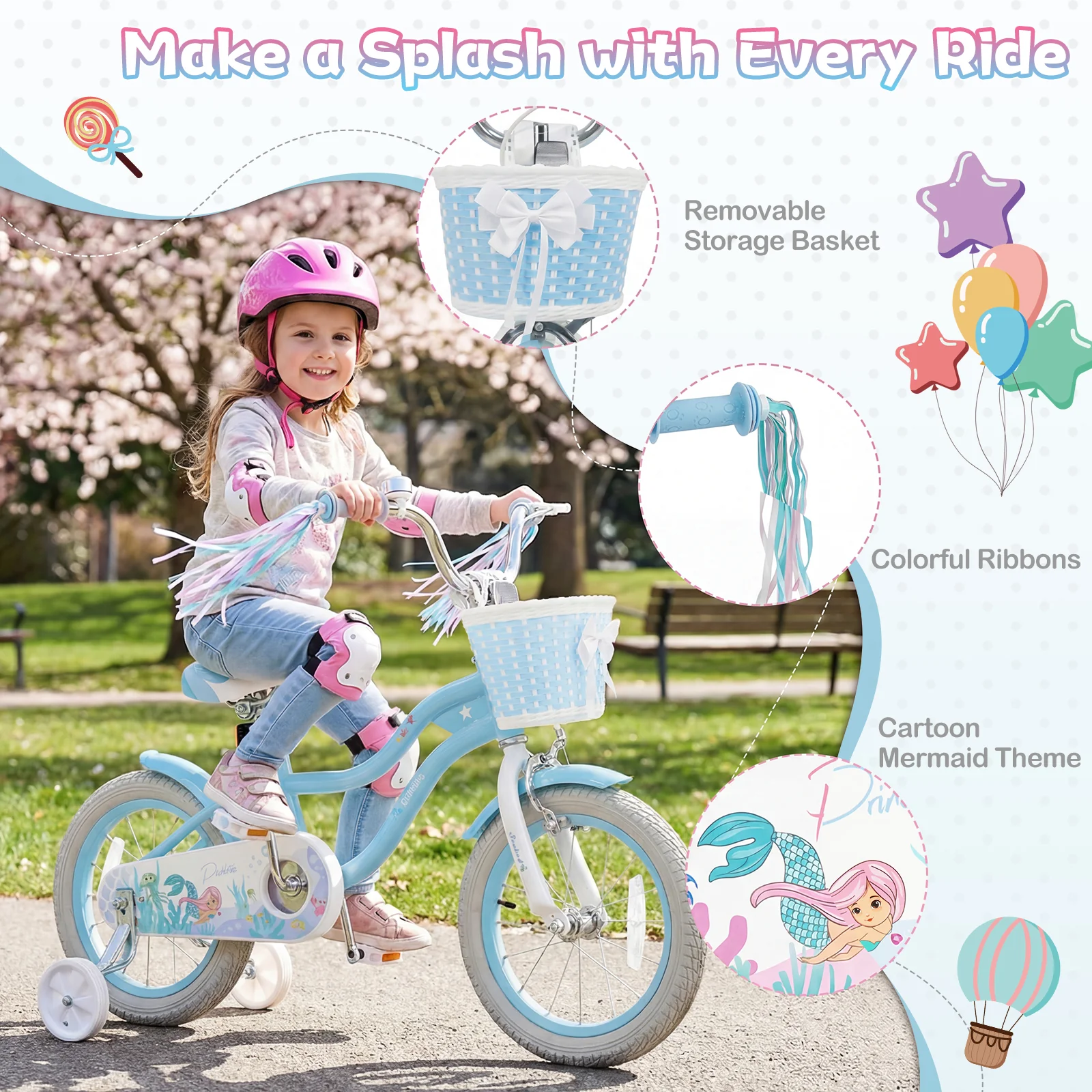 14 Inch Kids Bike, Adjustable With Basket, Princess Of The Sea Theme, Blue - Image 6