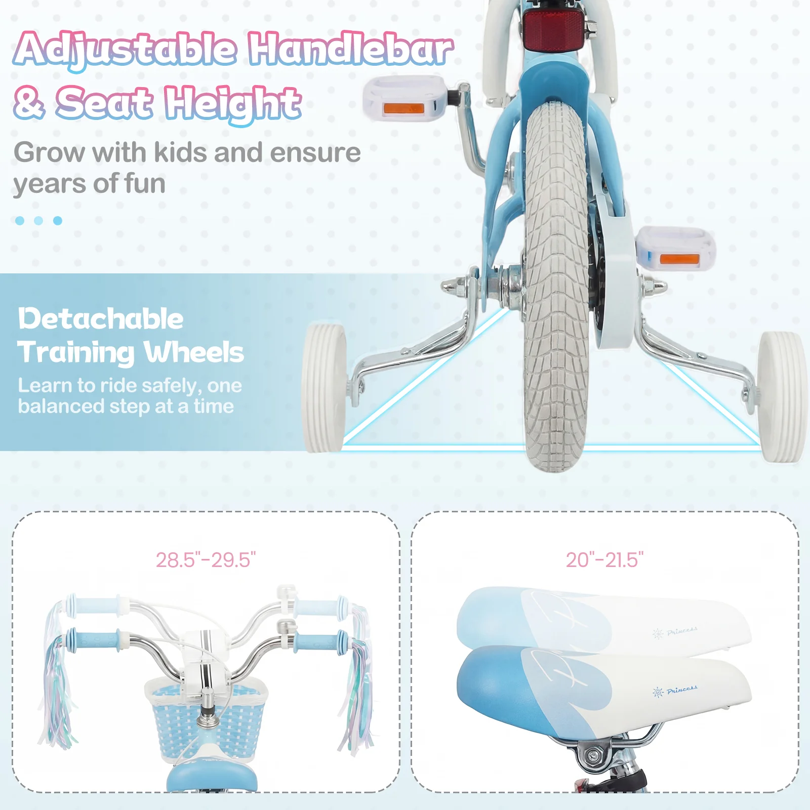 14 Inch Kids Bike, Adjustable With Basket, Princess Of The Sea Theme, Blue - Image 8