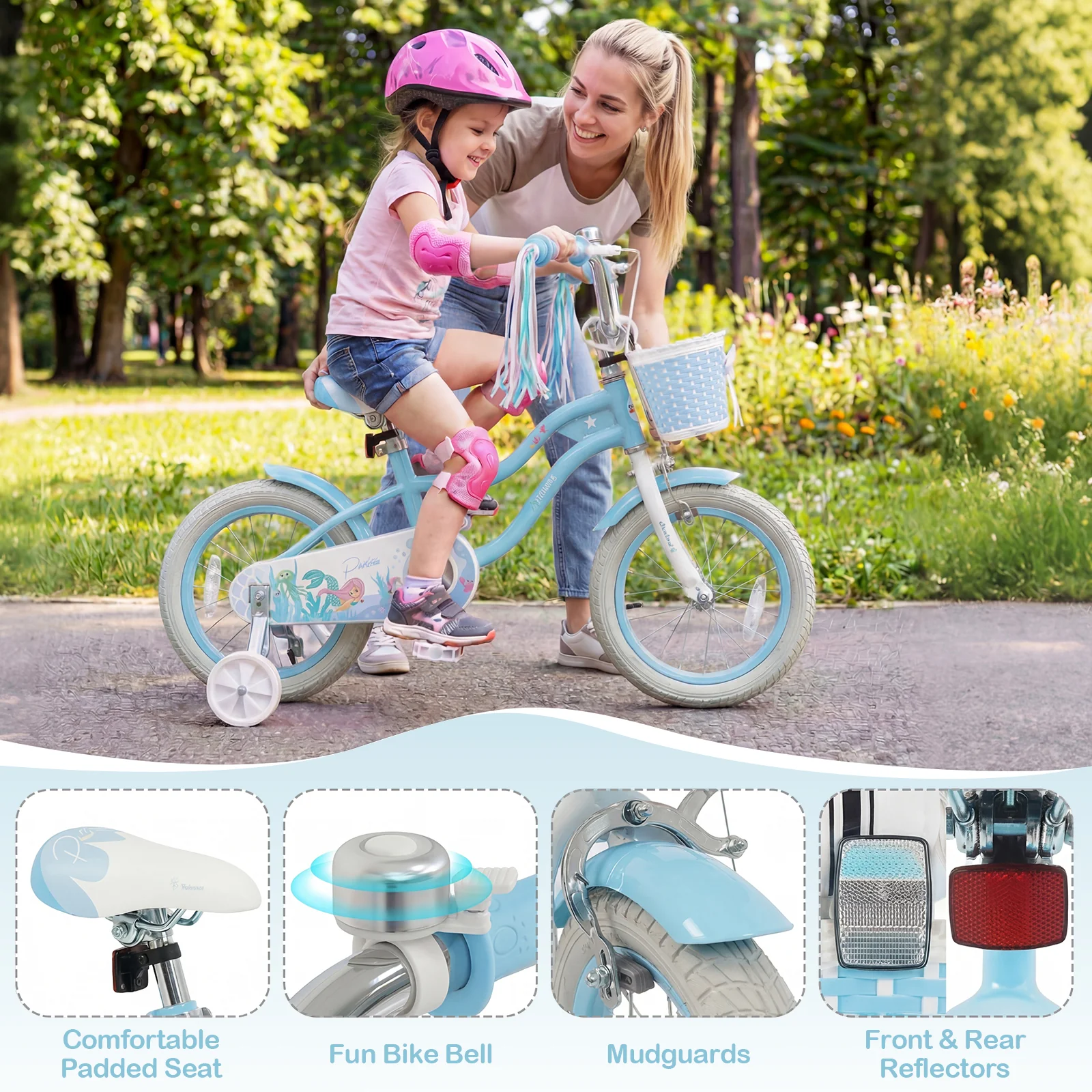 14 Inch Kids Bike, Adjustable With Basket, Princess Of The Sea Theme, Blue - Image 9