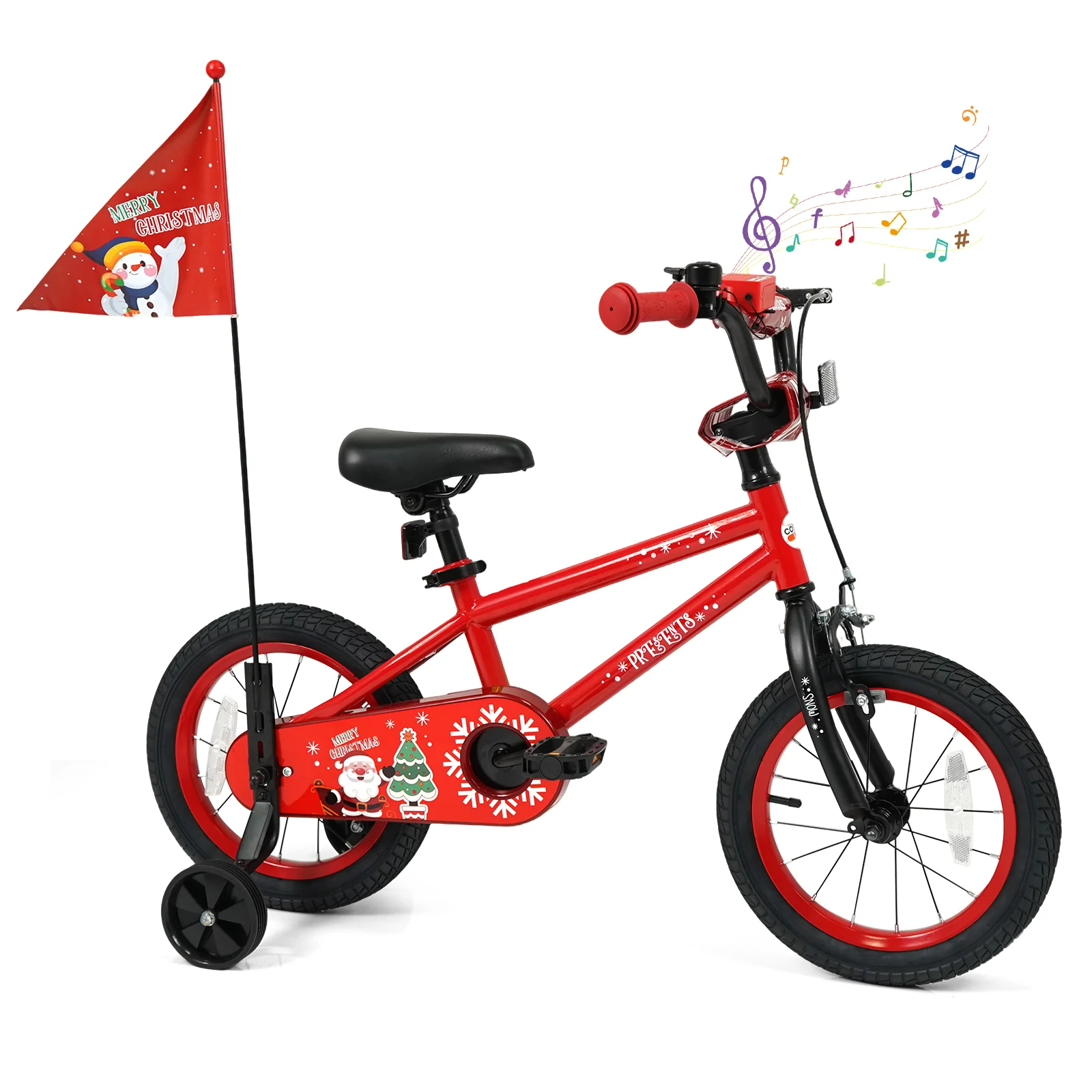 14 Inch Kids Bike Adjustable with Christmas Music & Flag for Aged 4-5 Years Old, Red