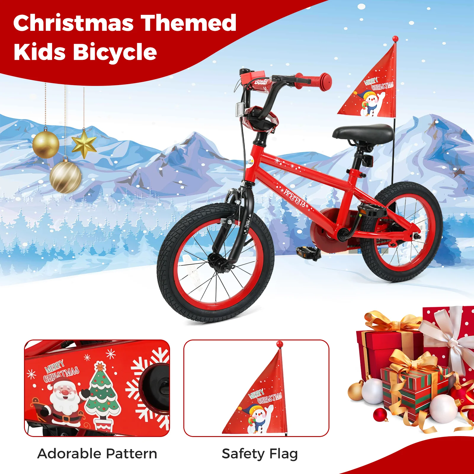 14 Inch Kids Bike Adjustable with Christmas Music & Flag for Aged 4-5 Years Old, Red - Image 10