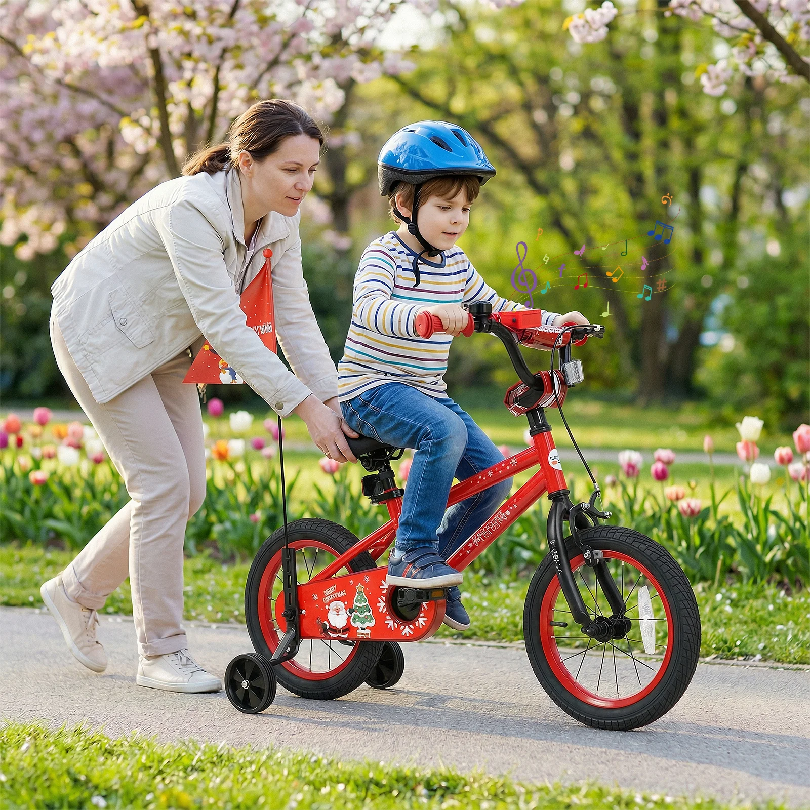 14 Inch Kids Bike Adjustable with Christmas Music & Flag for Aged 4-5 Years Old, Red - Image 2