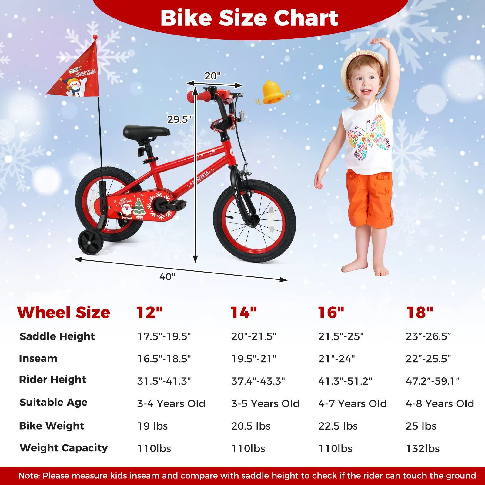 14 Inch Kids Bike Adjustable with Christmas Music & Flag for Aged 4-5 Years Old, Red - Image 4