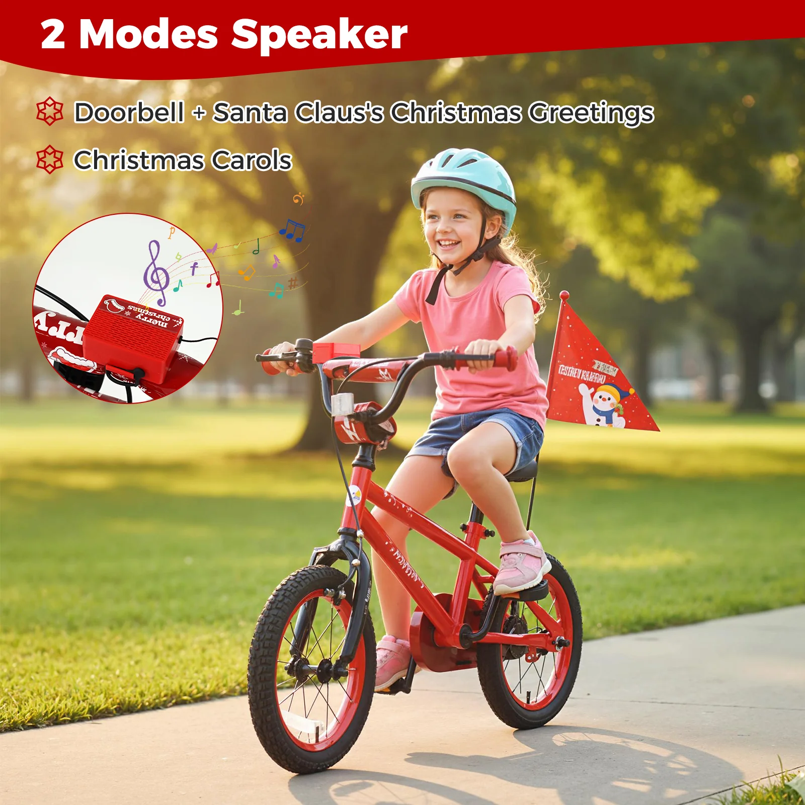 14 Inch Kids Bike Adjustable with Christmas Music & Flag for Aged 4-5 Years Old, Red - Image 5