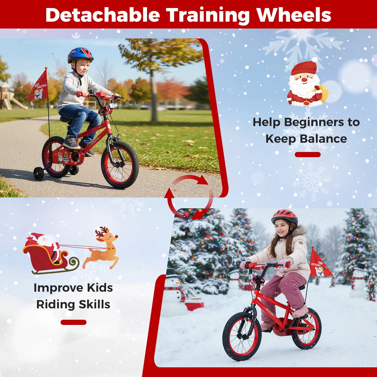 14 Inch Kids Bike Adjustable with Christmas Music & Flag for Aged 4-5 Years Old, Red - Image 6