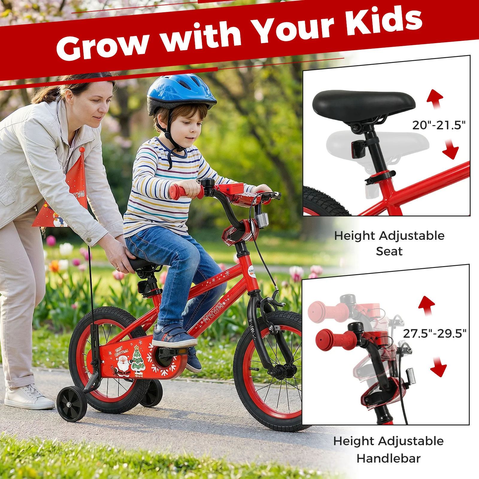 14 Inch Kids Bike Adjustable with Christmas Music & Flag for Aged 4-5 Years Old, Red - Image 7