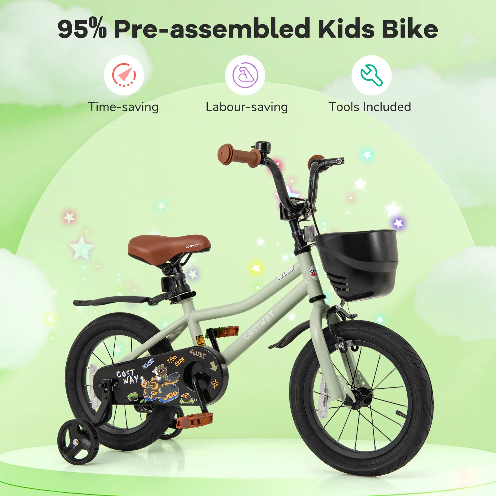 14-Inch Kids Bike, Adjustable With Training Wheels, Green - Image 10