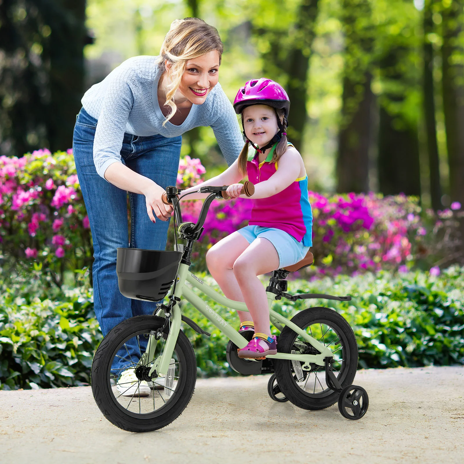 14-Inch Kids Bike, Adjustable With Training Wheels, Green - Image 3