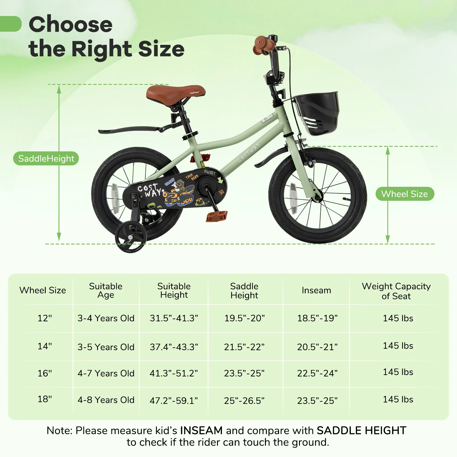 14-Inch Kids Bike, Adjustable With Training Wheels, Green - Image 5