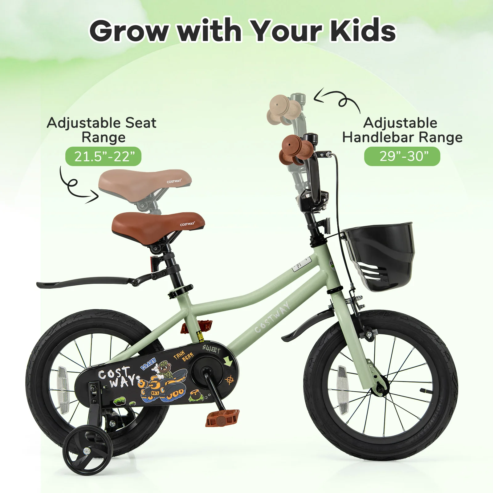 14-Inch Kids Bike, Adjustable With Training Wheels, Green - Image 7