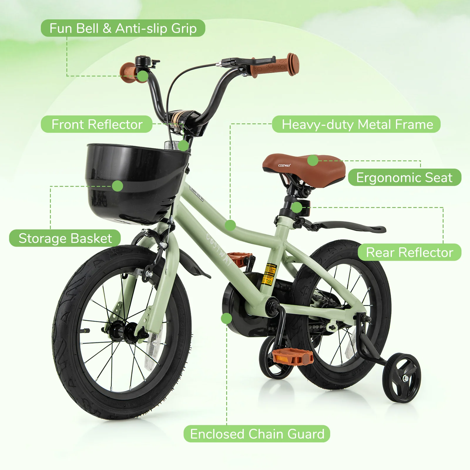 14-Inch Kids Bike, Adjustable With Training Wheels, Green - Image 8
