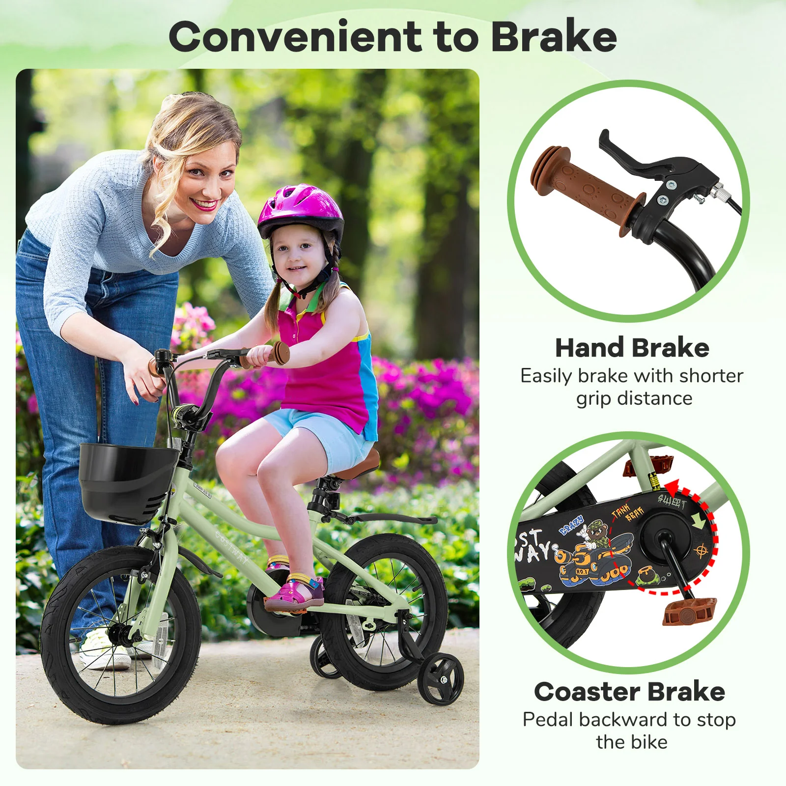 14-Inch Kids Bike, Adjustable With Training Wheels, Green - Image 9