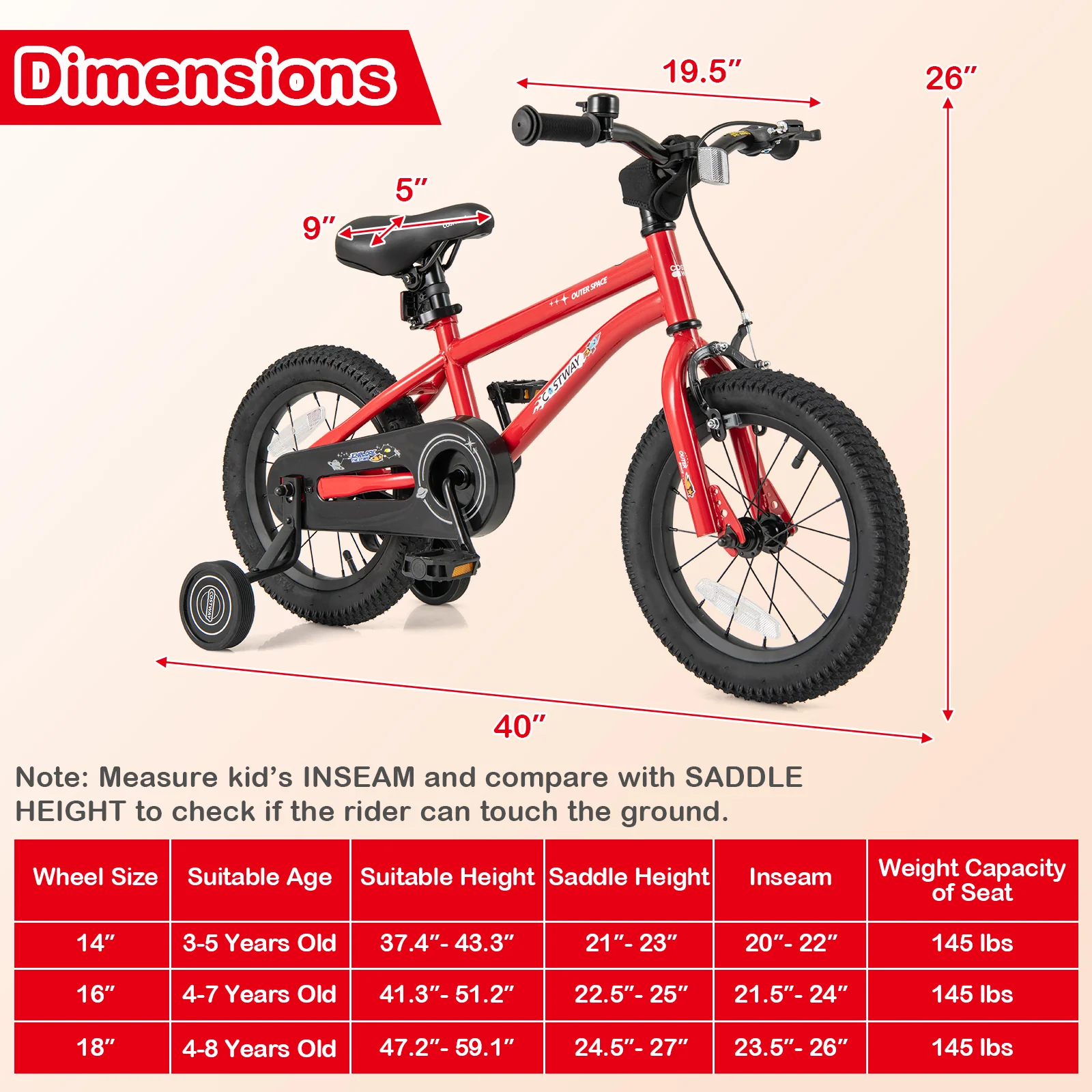 14-Inch Kids Bike, Ages 3-8, Handbrake, Coaster Brake, Bell, Red - Image 4
