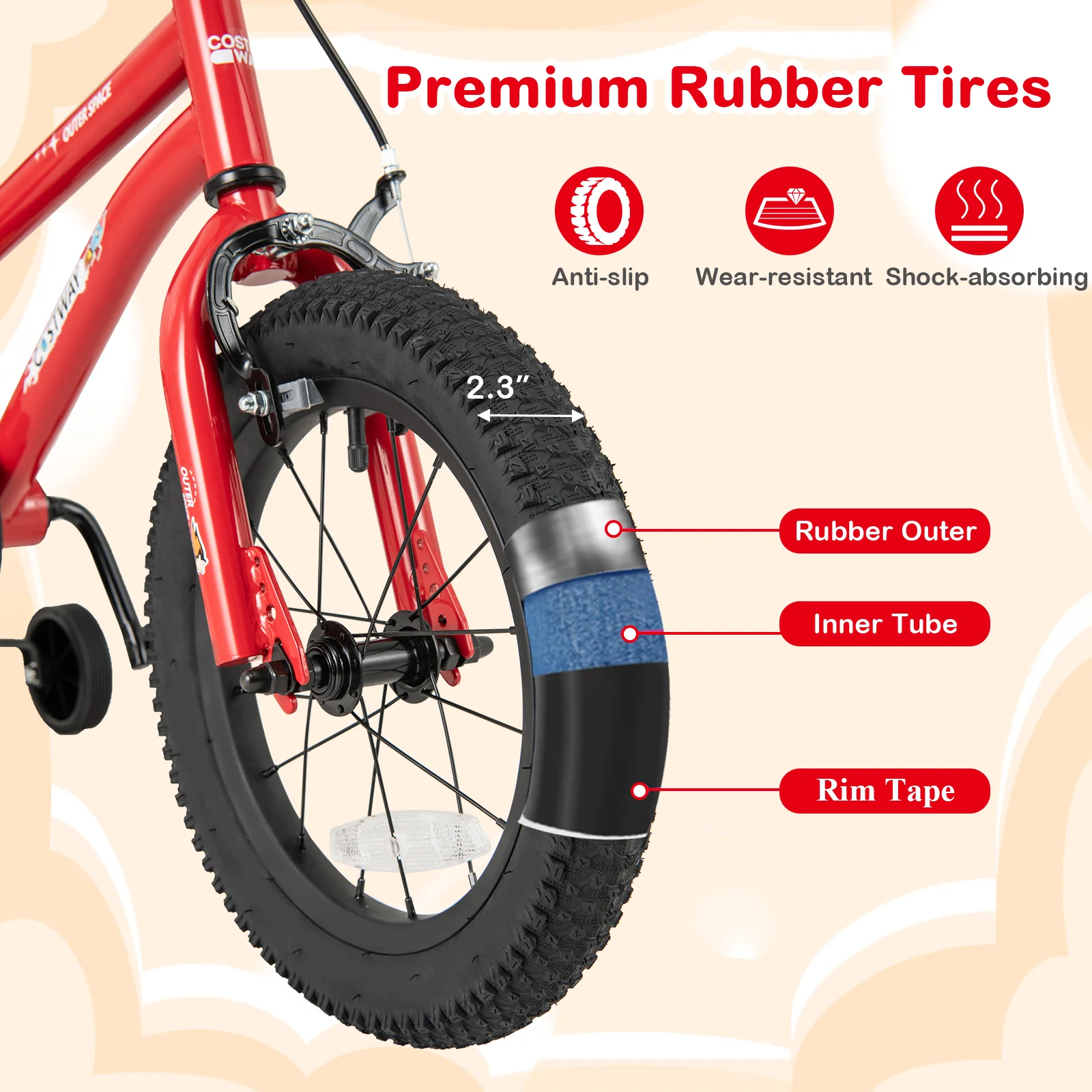 14-Inch Kids Bike, Ages 3-8, Handbrake, Coaster Brake, Bell, Red - Image 5