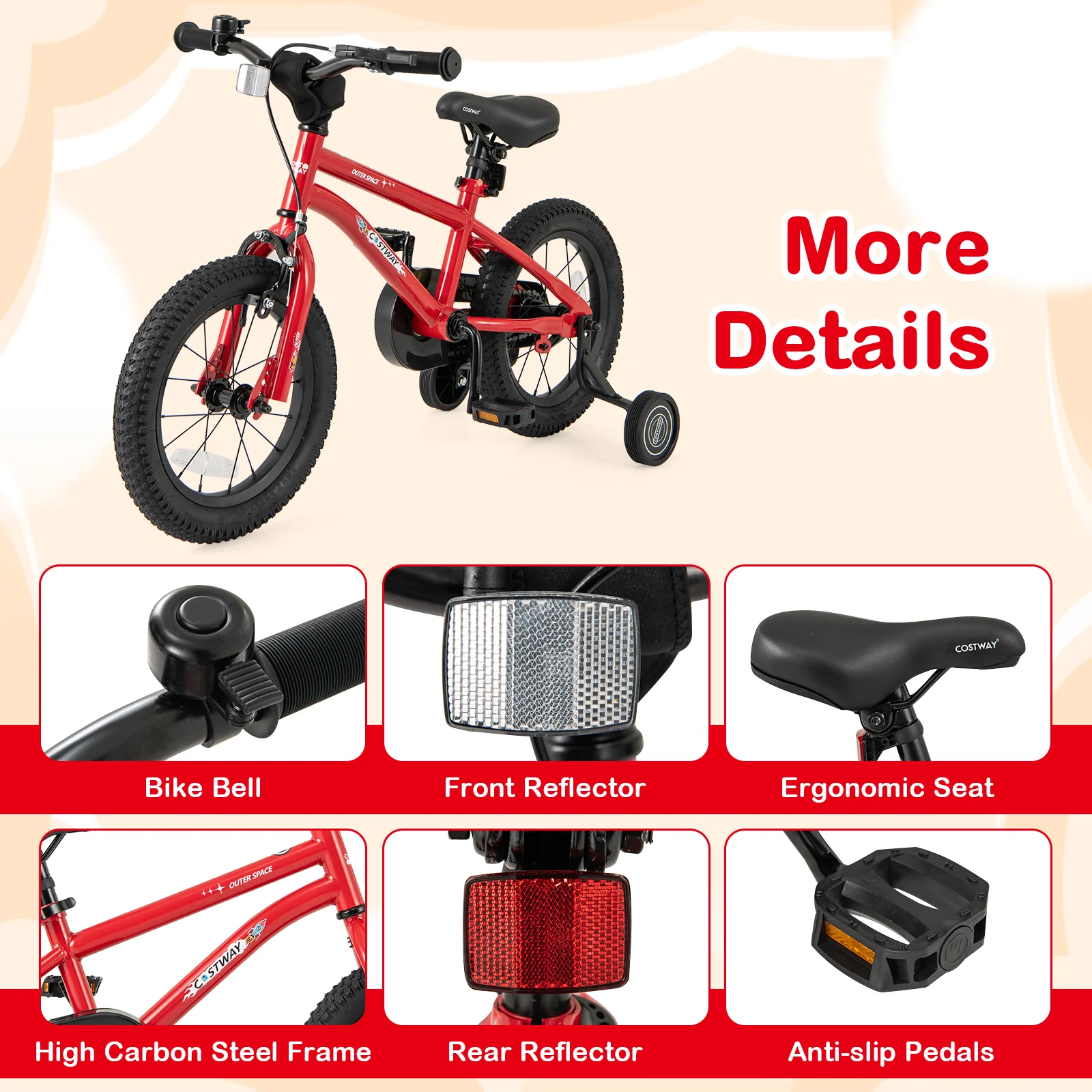 14-Inch Kids Bike, Ages 3-8, Handbrake, Coaster Brake, Bell, Red - Image 8