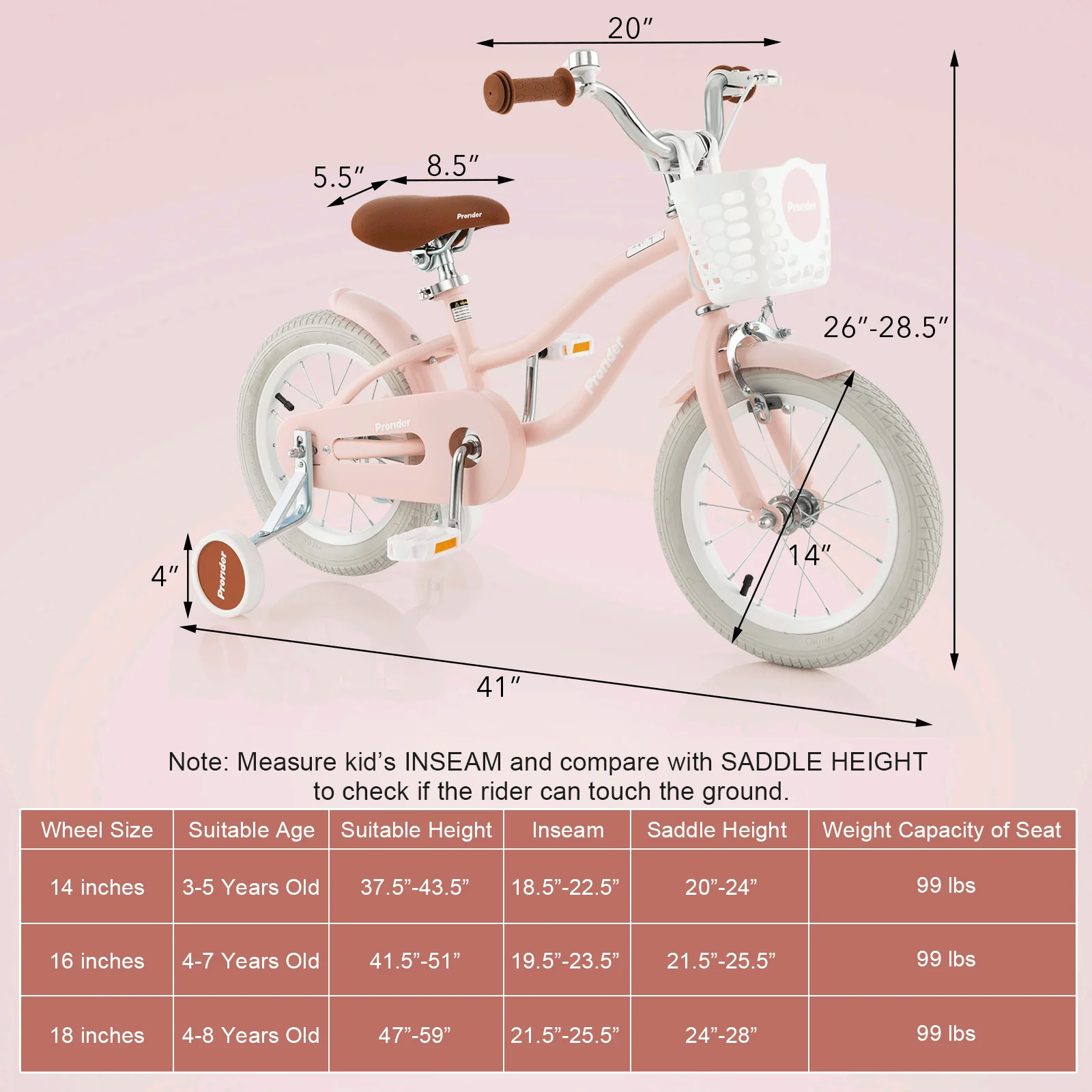 14 Inch Kids Bike With Removable Training Wheels, Pink - Image 4