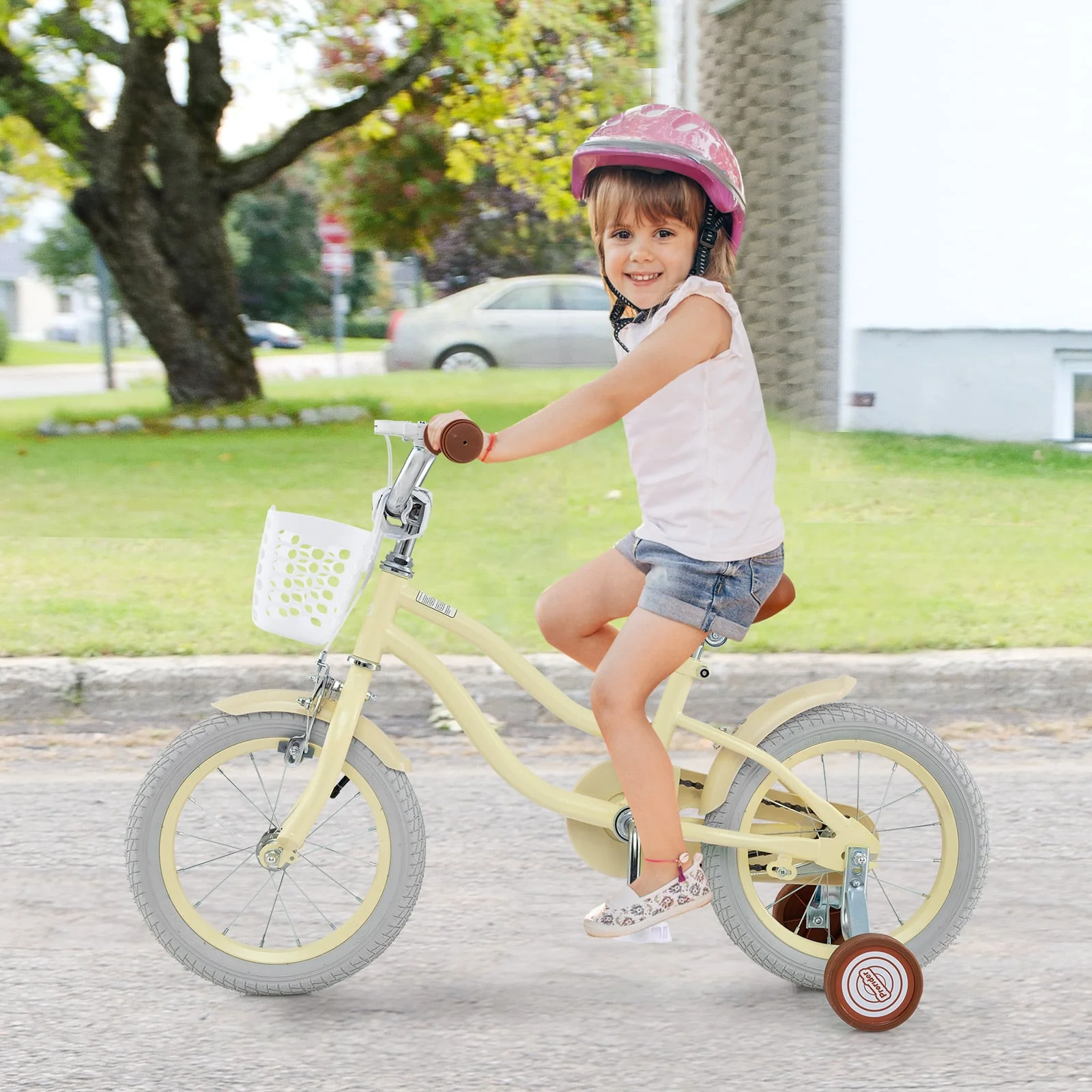 14 Inch Kids Bike With Training Wheels, Adjustable, Ages 3-8, Beige - Image 2