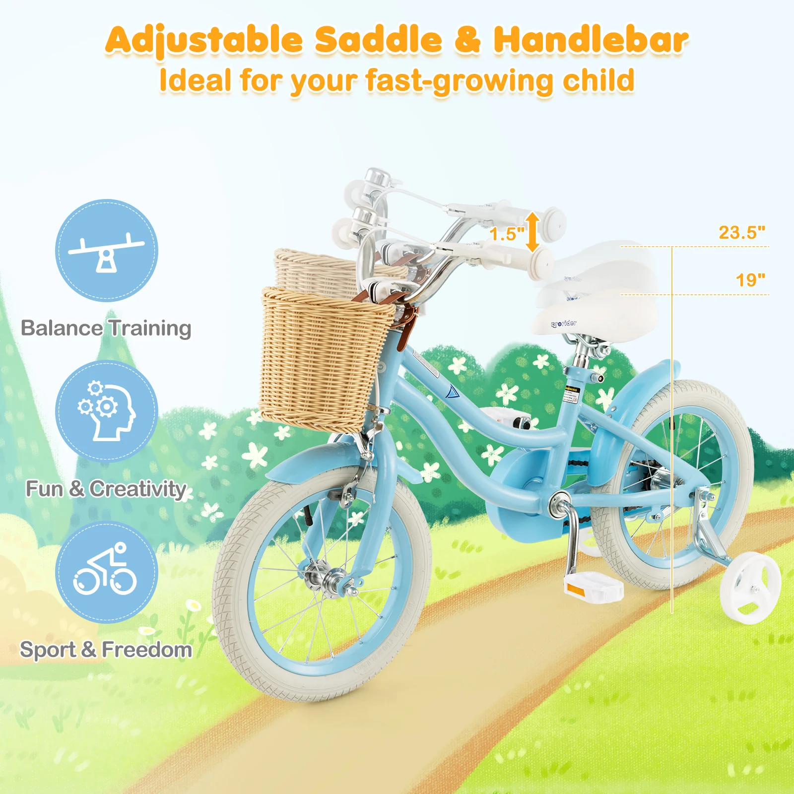14-Inch Kids Bike With Training Wheels, Adjustable Seat, Blue - Image 7