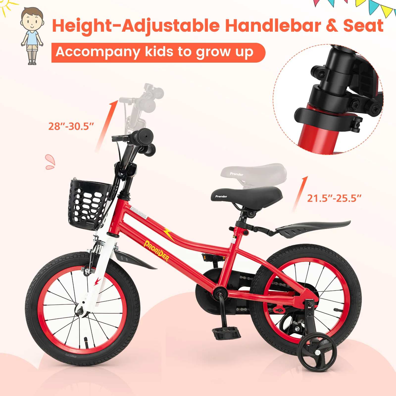 14 Inch Kids Bike With Training Wheels, For 3-5 Years, Red - Image 8