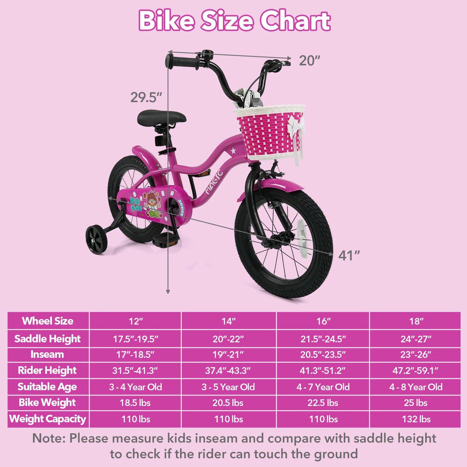 14 Inch Kids Bike with Training Wheels for Aged 3-5 Years Old - Magic Rose, Rose Red - Image 5