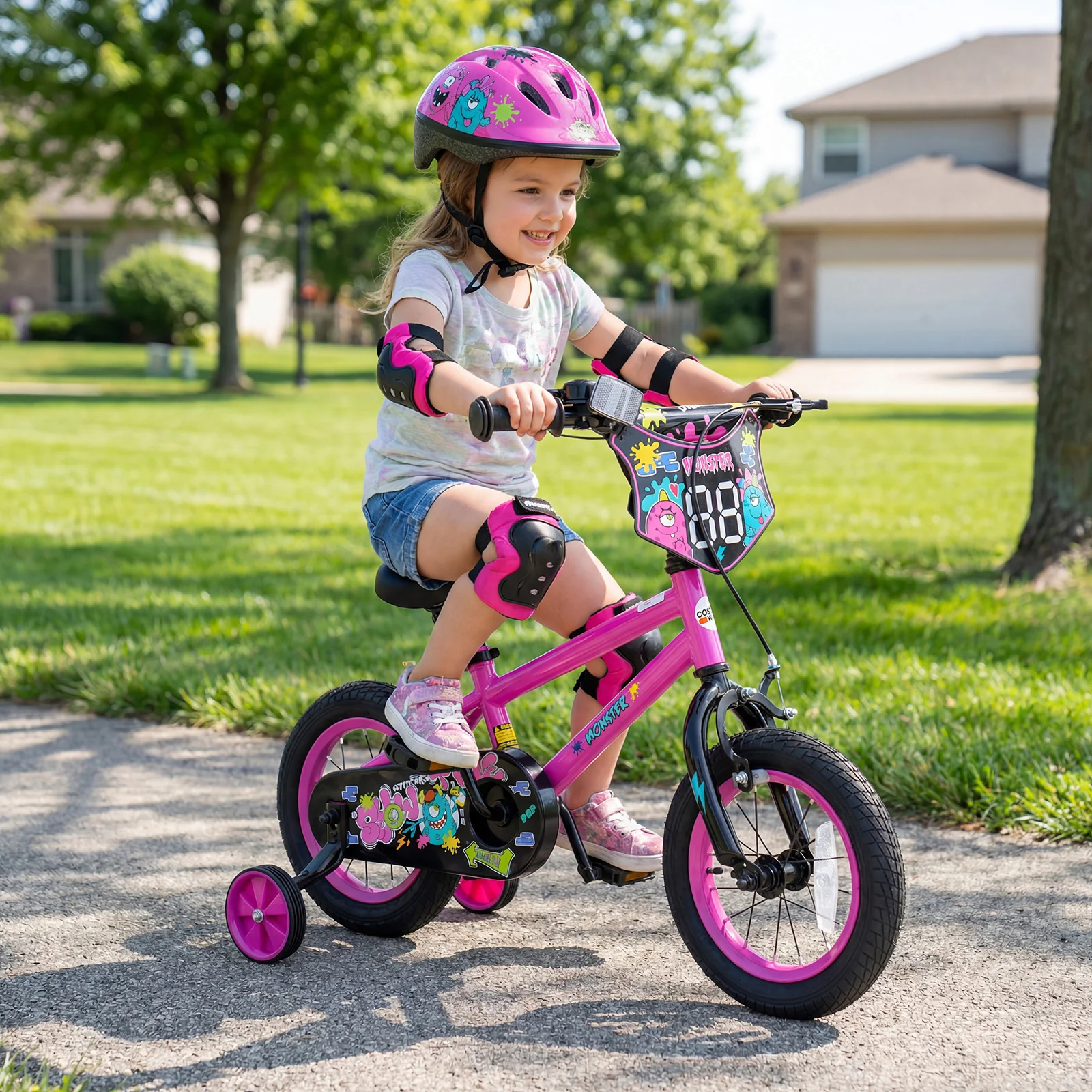 14 Inch Kids Bike with Training Wheels for Ages 3-5 Years Old Pink- Street Art Time, Pink - Image 2