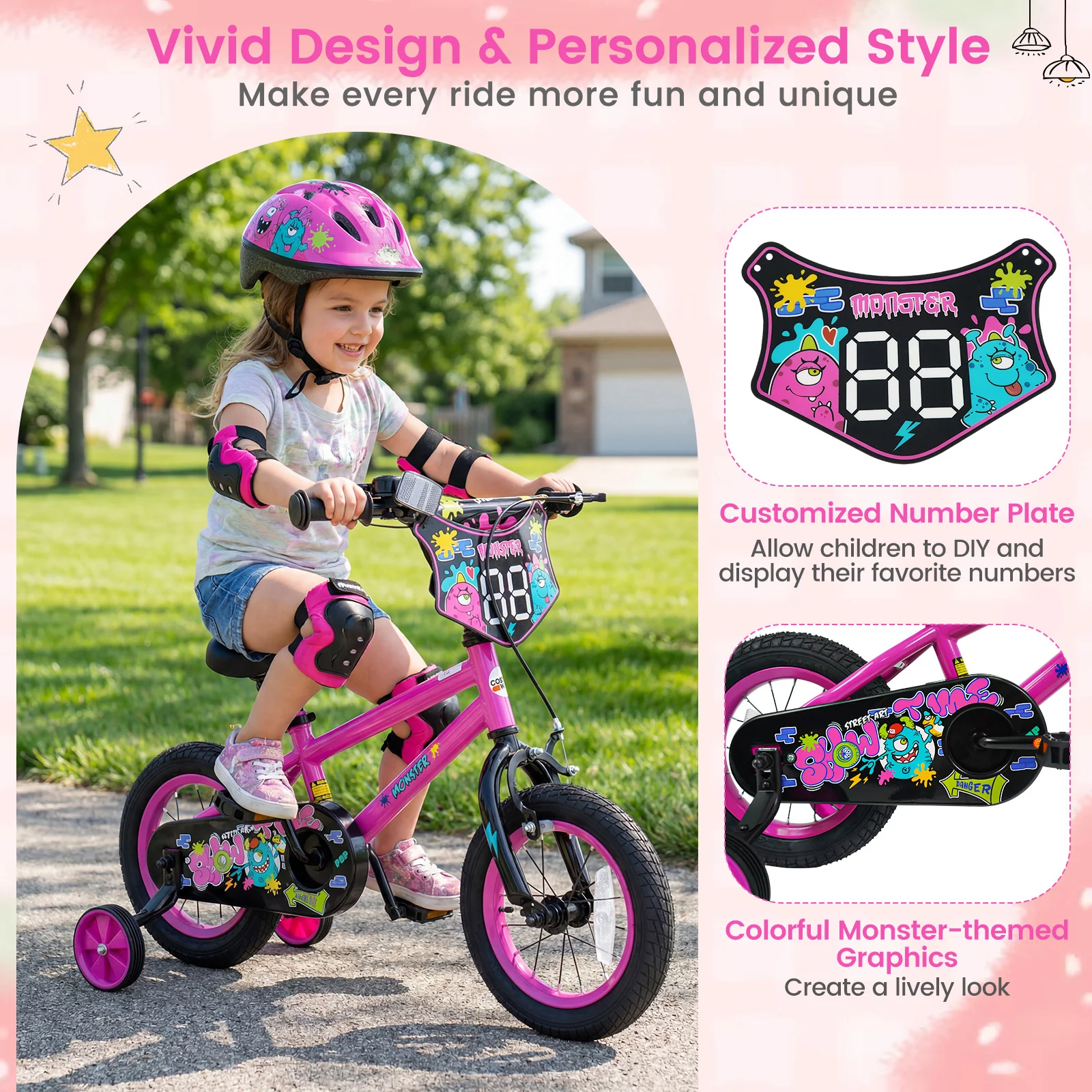 14 Inch Kids Bike with Training Wheels for Ages 3-5 Years Old Pink- Street Art Time, Pink - Image 7