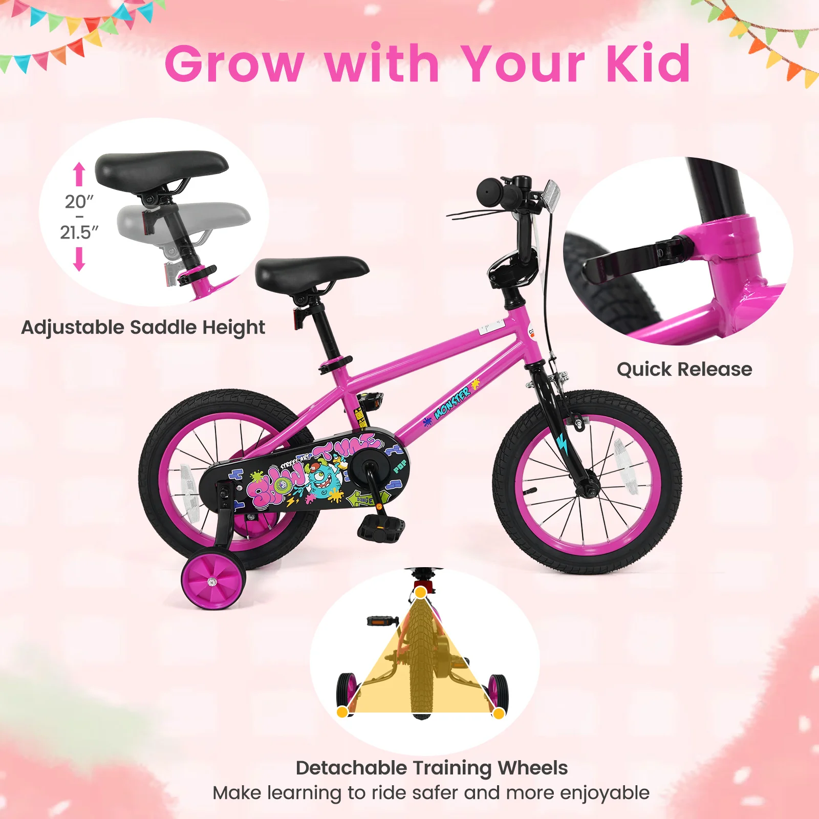 14 Inch Kids Bike with Training Wheels for Ages 3-5 Years Old Pink- Street Art Time, Pink - Image 8