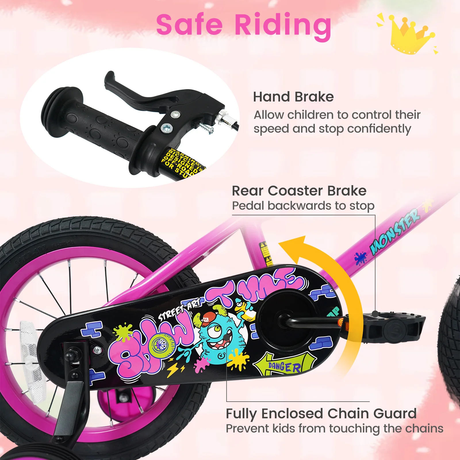 14 Inch Kids Bike with Training Wheels for Ages 3-5 Years Old Pink- Street Art Time, Pink - Image 9