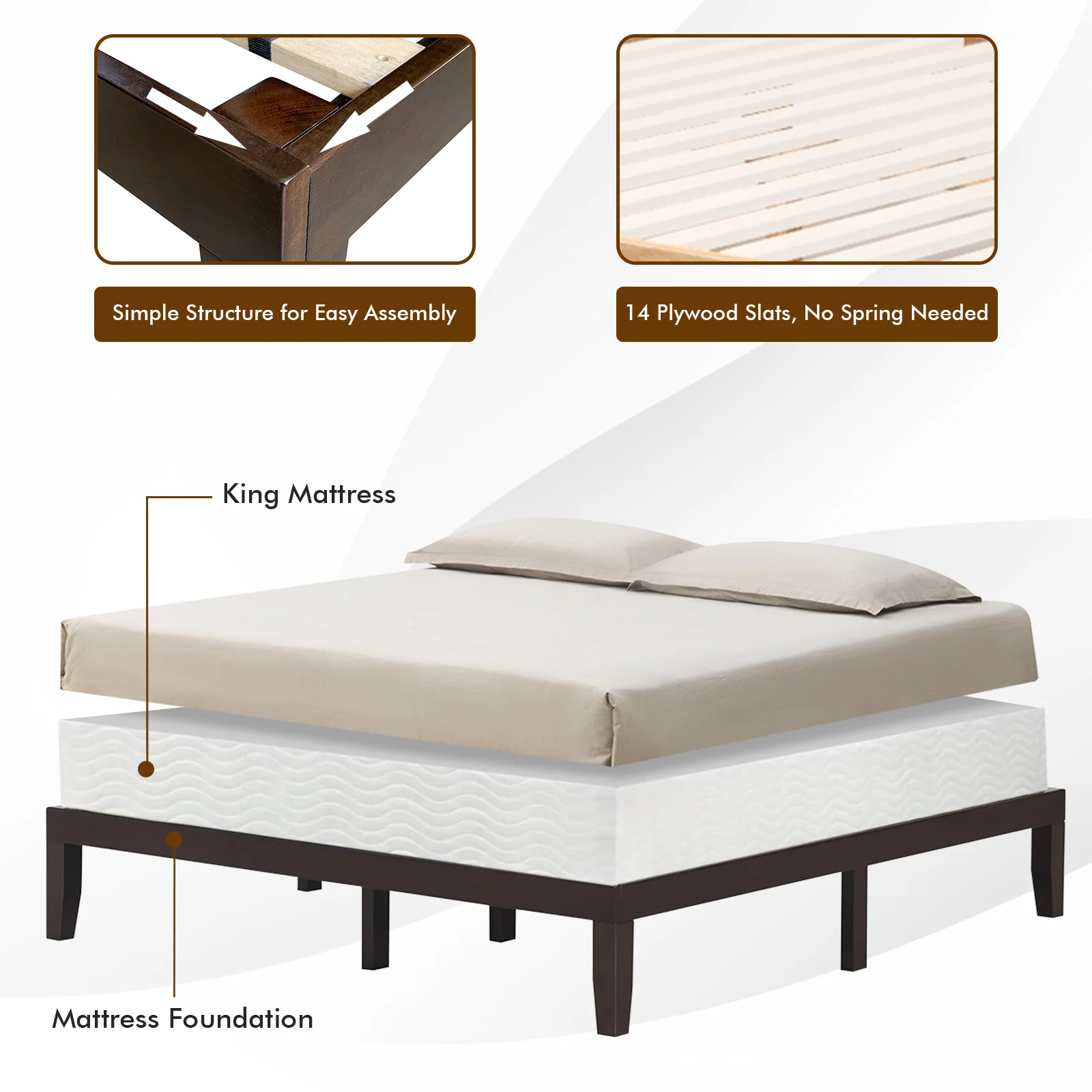 14 Inch King Size Wood Platform Bed Frame, Brown - Image 10