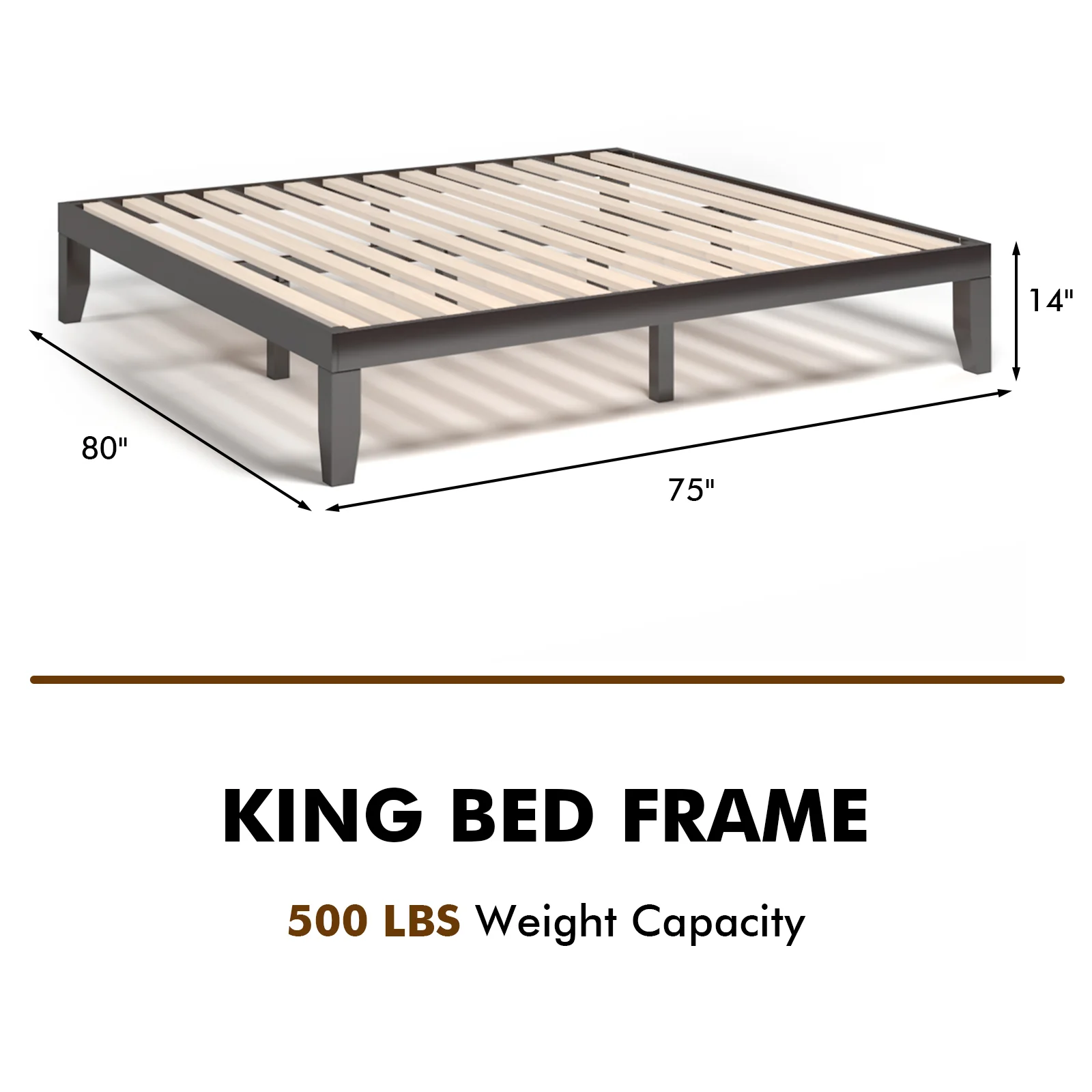 14 Inch King Size Wood Platform Bed Frame, Brown - Image 6