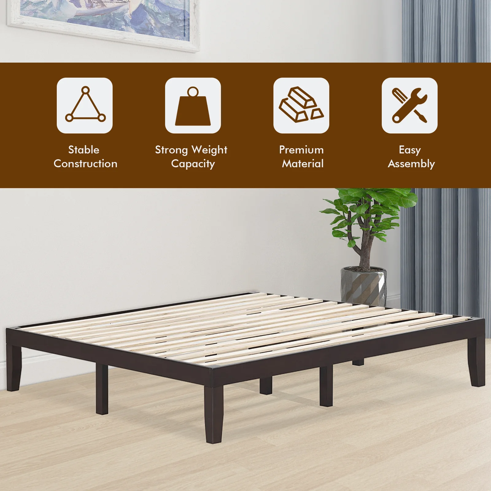 14 Inch King Size Wood Platform Bed Frame, Brown - Image 8