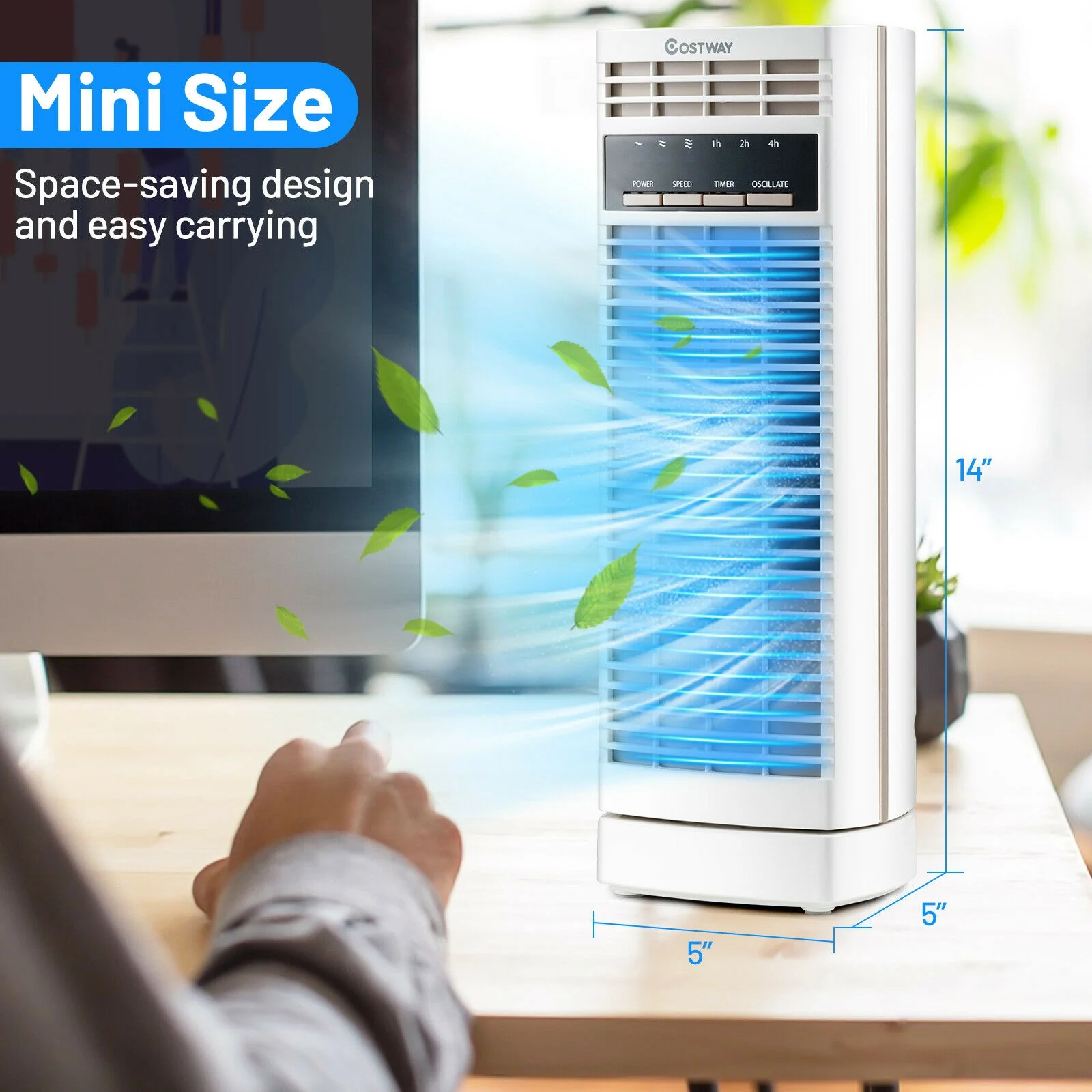 14 Inch Mini Oscillating Tower Fan, 3 Speed Timer, White - Image 5