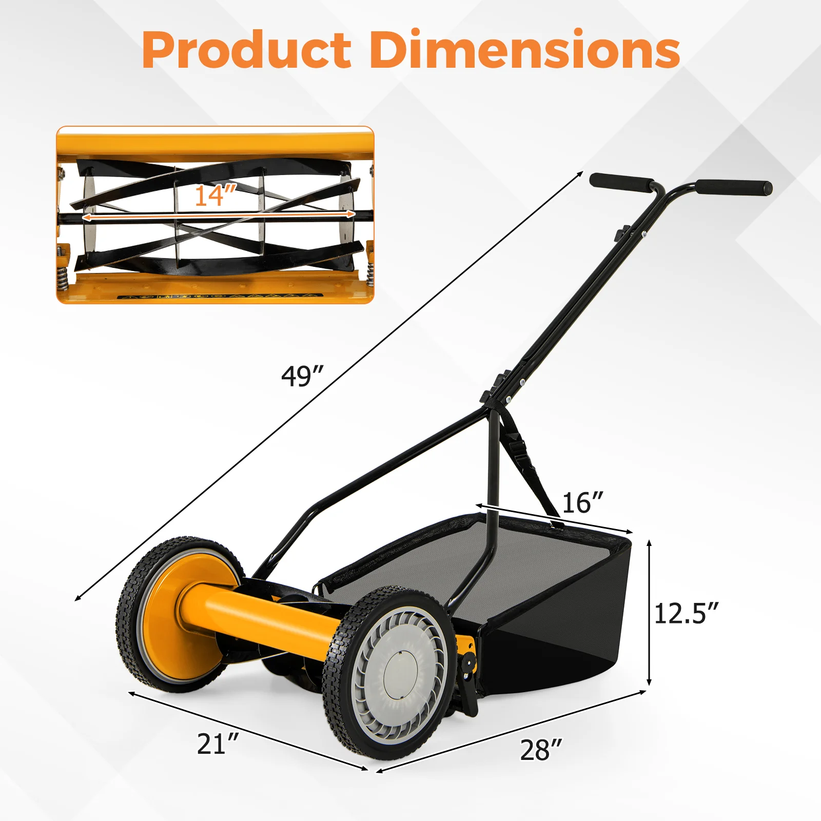 14 Inch Push Lawn Mower, 5 Steel Blades, Grass Catcher Bag, Orange - Image 4