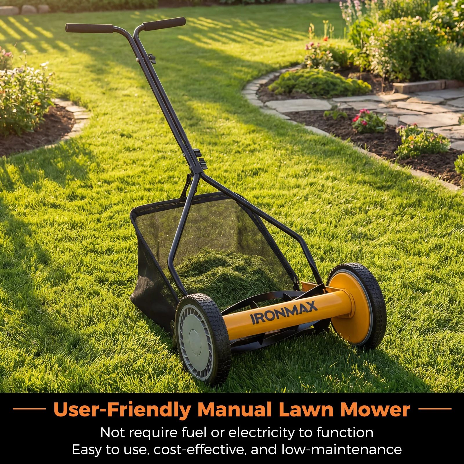 14 Inch Push Lawn Mower, 5 Steel Blades, Grass Catcher Bag, Orange - Image 5