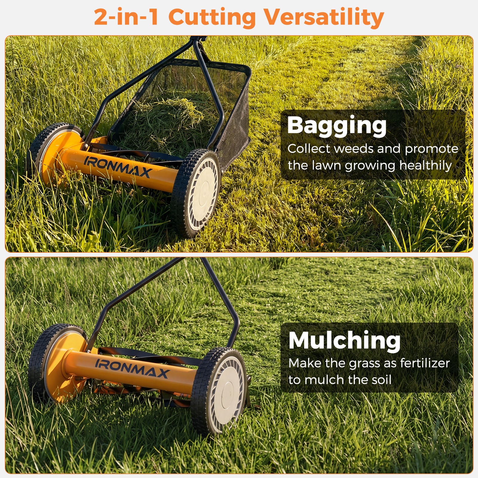 14 Inch Push Lawn Mower, 5 Steel Blades, Grass Catcher Bag, Orange - Image 6