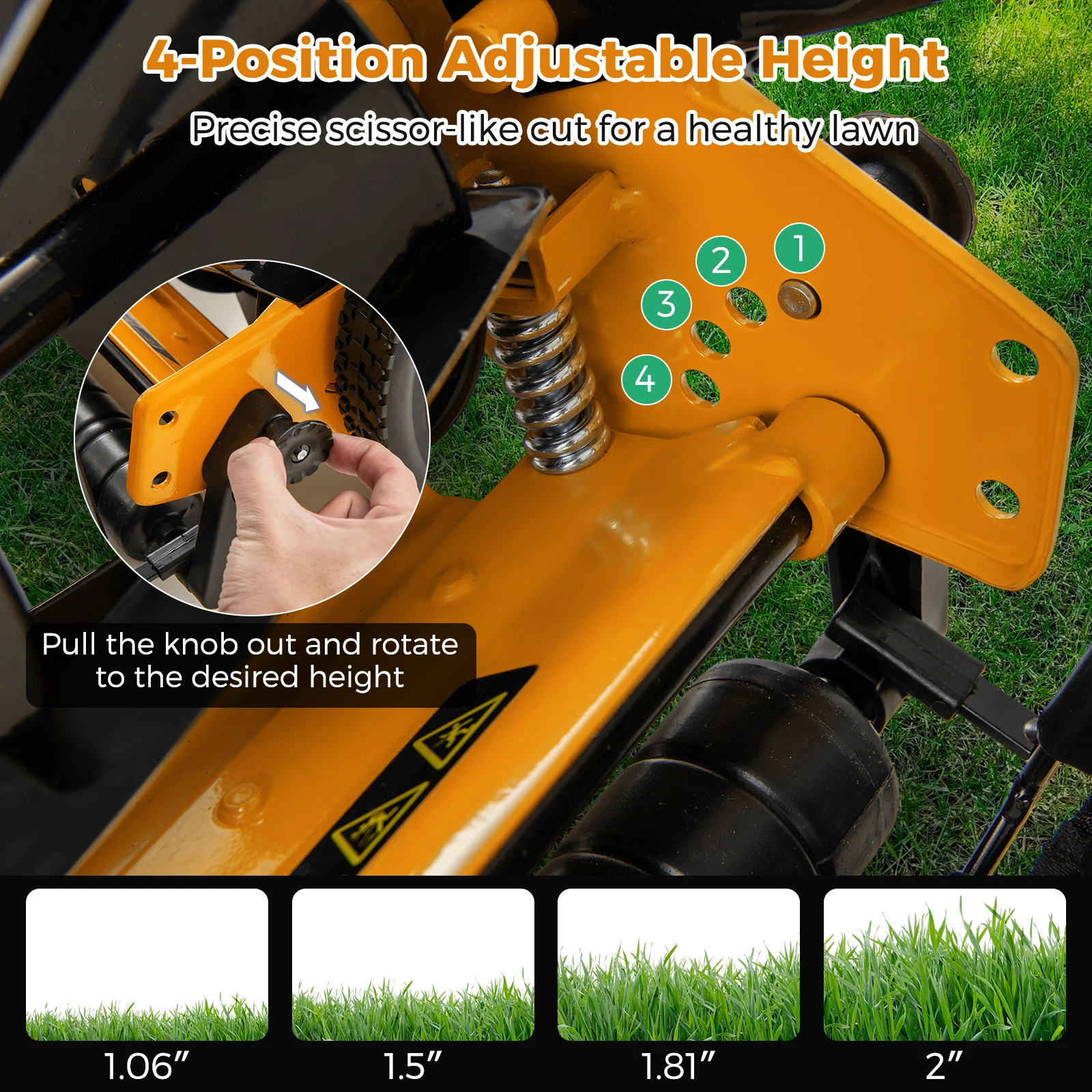 14 Inch Push Lawn Mower, 5 Steel Blades, Grass Catcher Bag, Orange - Image 7