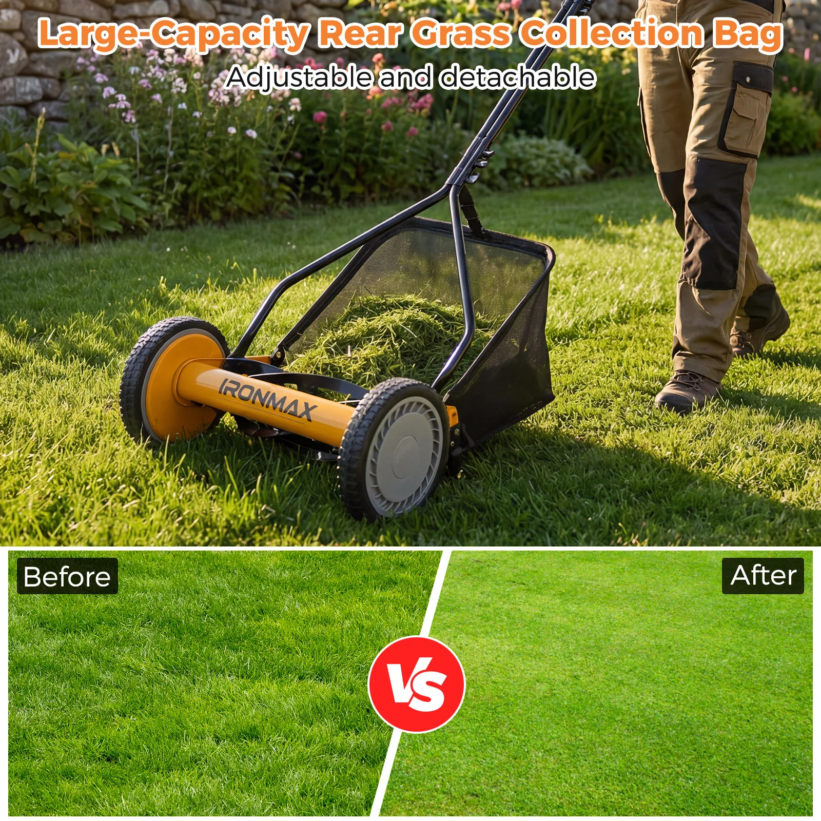 14 Inch Push Lawn Mower, 5 Steel Blades, Grass Catcher Bag, Orange - Image 8
